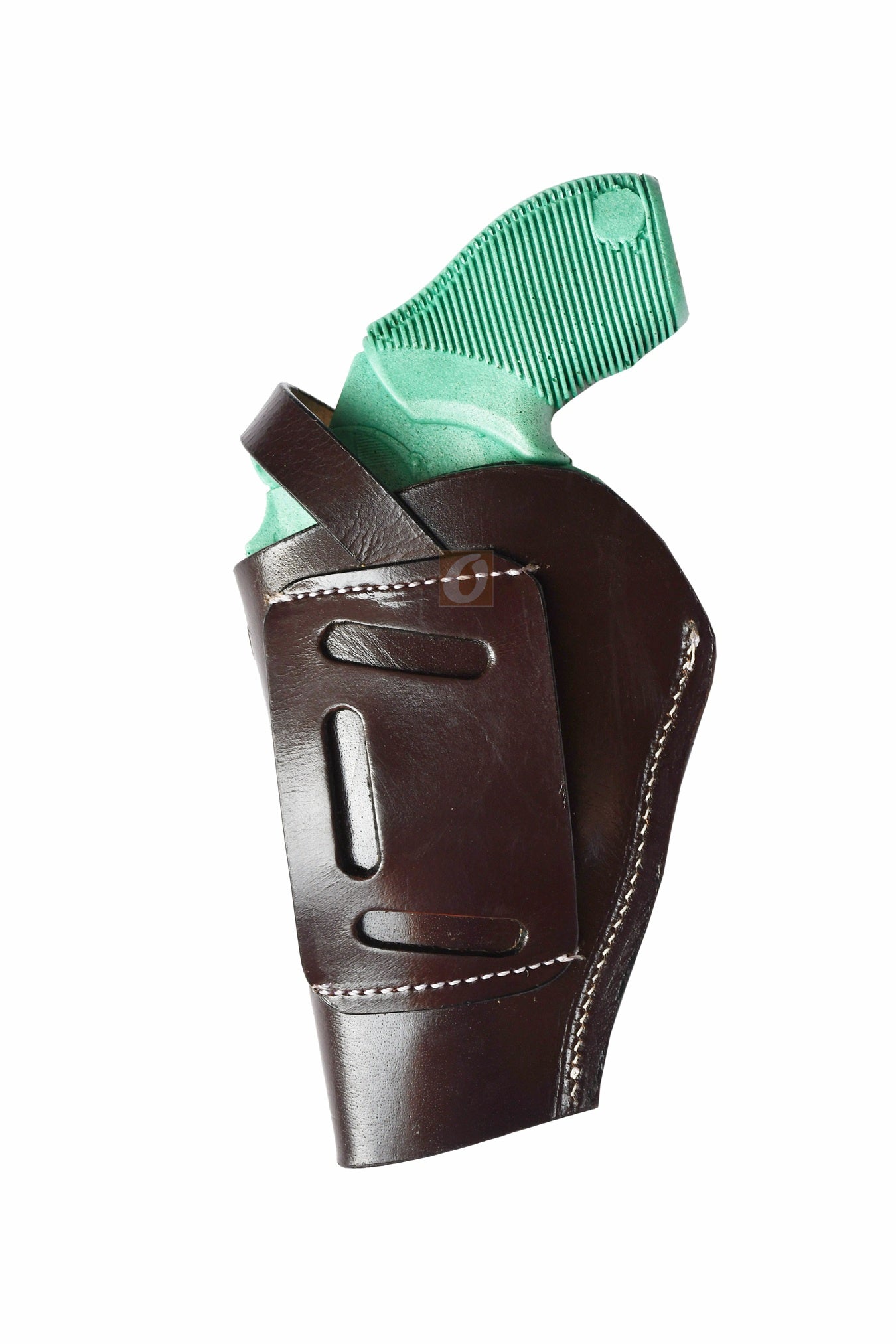 Right-handed brown floral tooled OWB leather holster for Taurus Judge 45/410 Public Defender Poly revolvers – handmade Western 3-way carry design, back view.
