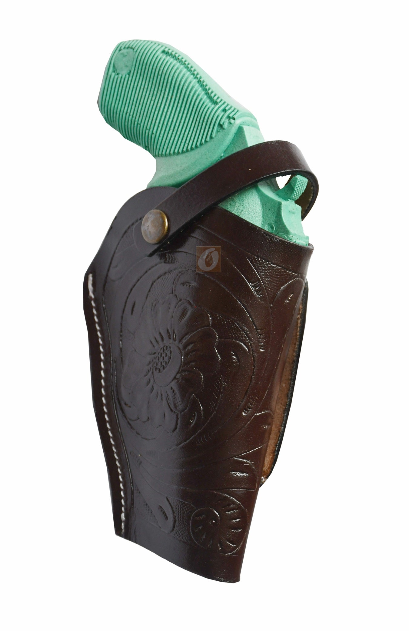 Right-handed brown floral tooled OWB leather holster for Taurus Judge 45/410 Public Defender Poly revolvers – handmade Western 3-way carry design, side angle.