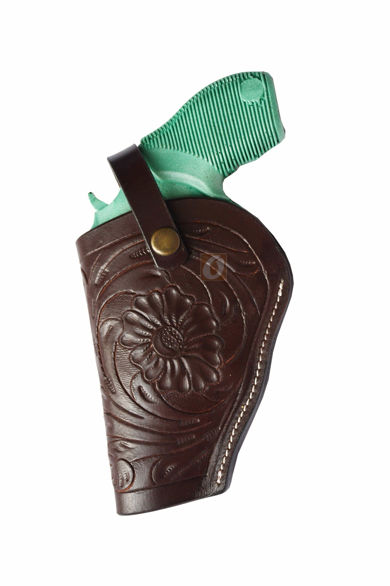 Left-handed brown floral tooled OWB leather holster for Taurus Judge 45/410 Public Defender Poly revolvers – handmade Western 3-way carry design, front view.