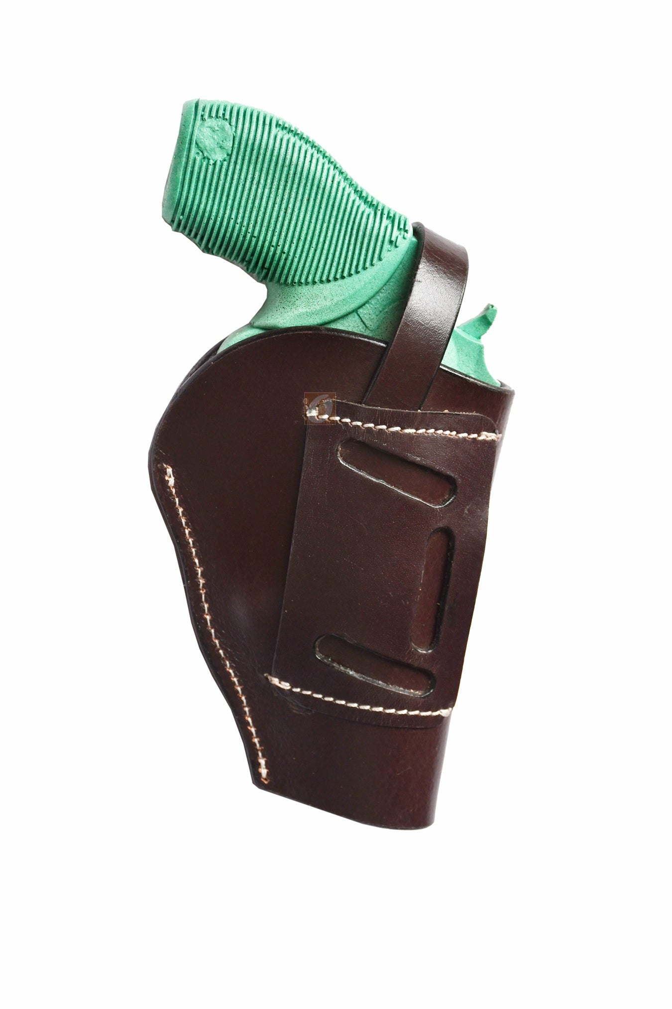 Left-handed brown floral tooled OWB leather holster for Taurus Judge 45/410 Public Defender Poly revolvers – handmade Western 3-way carry design, back view.
