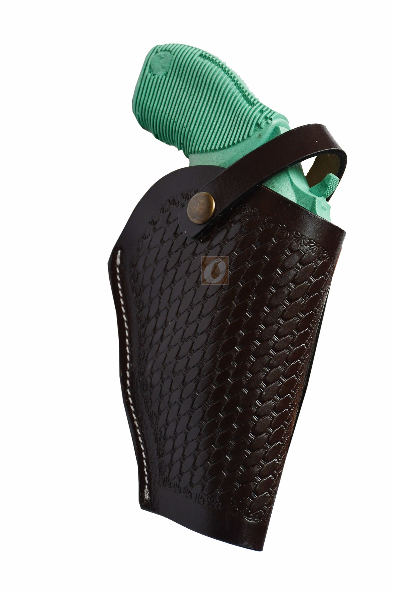 Western-style right-handed brown leather holster featuring intricate basket weave tooling, tailored for the Taurus Judge Defender. A durable and stylish holster for everyday carry.