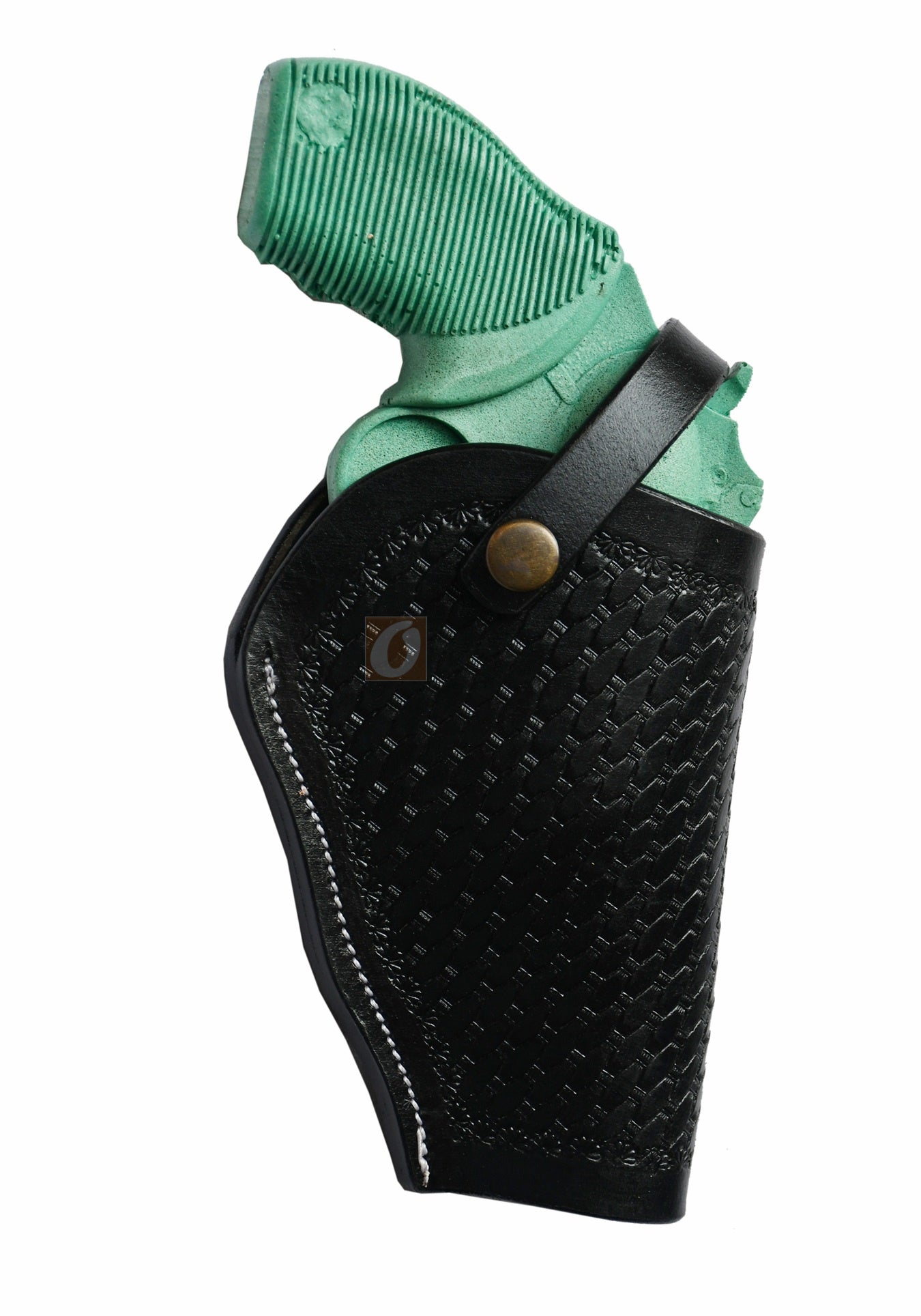 Right-handed black basket tooled OWB leather holster for Taurus Judge 45/410 Public Defender Poly revolvers – handmade Western 3-way carry design, front view.