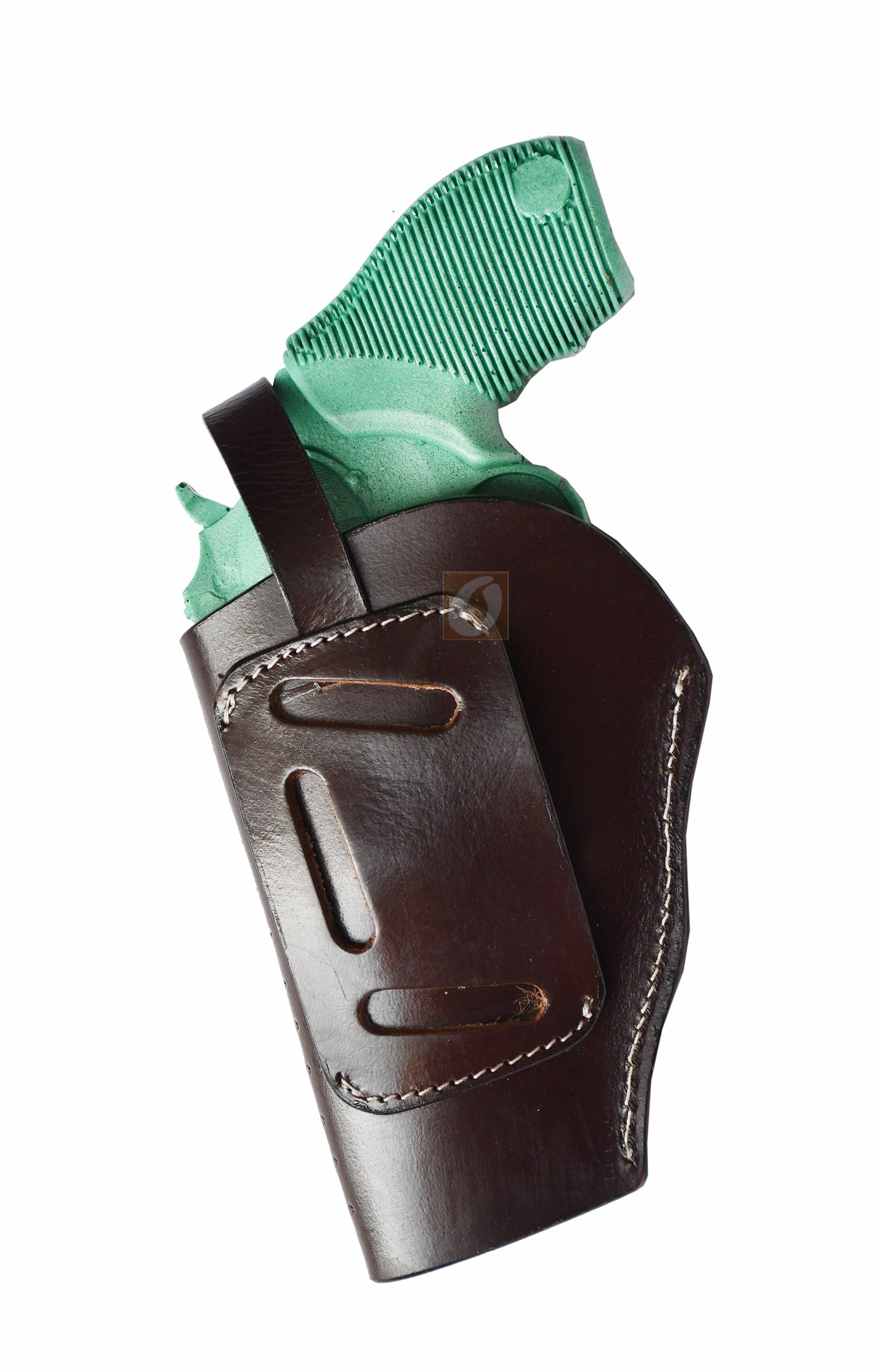 Right-handed black basket tooled OWB leather holster for Taurus Judge 45/410 Public Defender Poly revolvers – handmade Western 3-way carry design, back view.