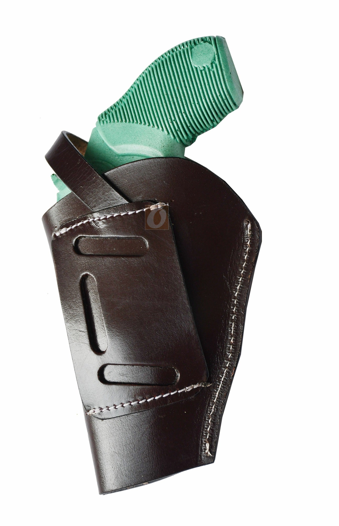 Handmade brown leather gun holster with basket weave tooling, designed for the Taurus Judge Defender. This right-handed holster provides both functionality and timeless Western charm.
