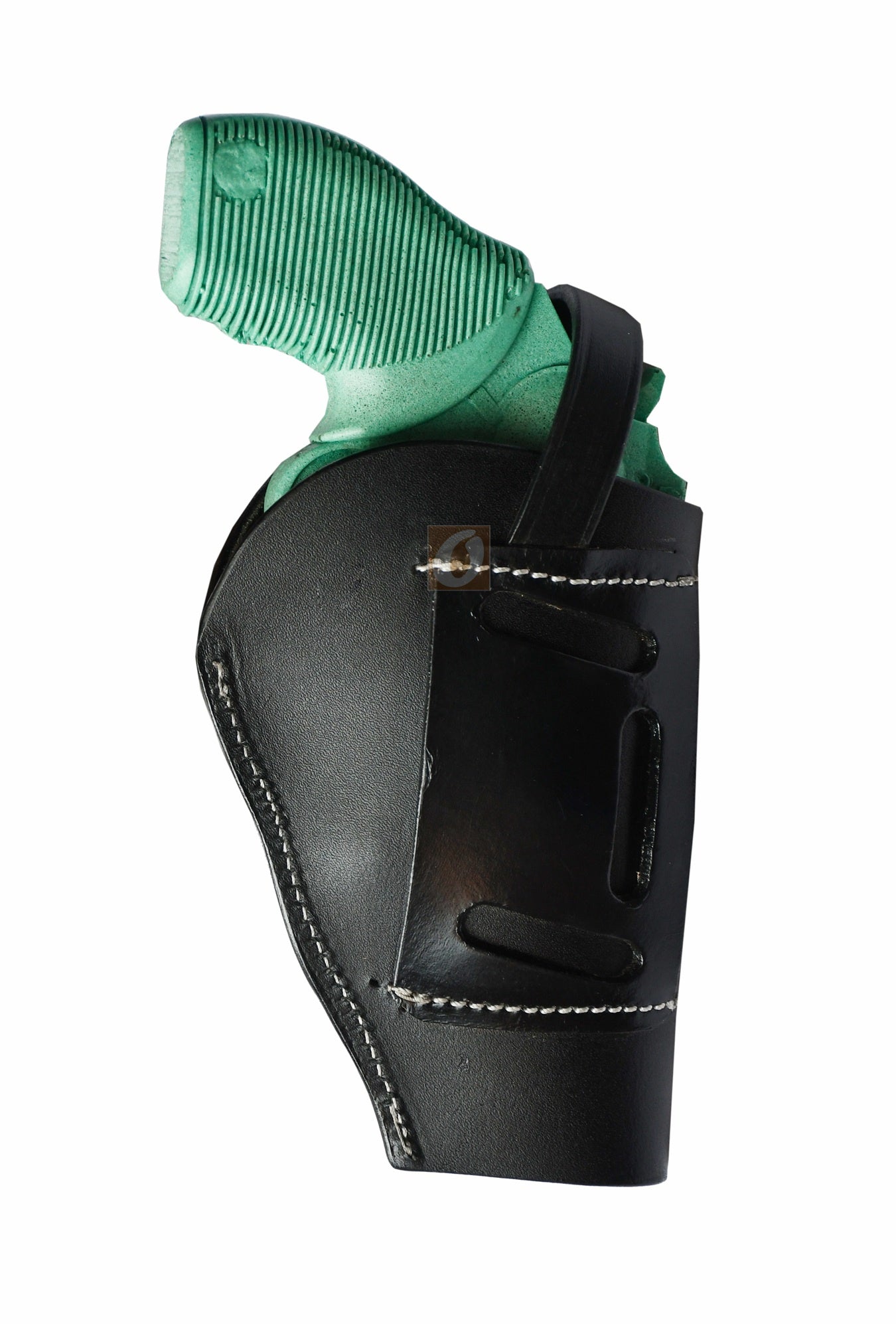 Right-handed black basket tooled OWB leather holster for Taurus Judge 45/410 Public Defender Poly revolvers – handmade Western 3-way carry design, side angle.