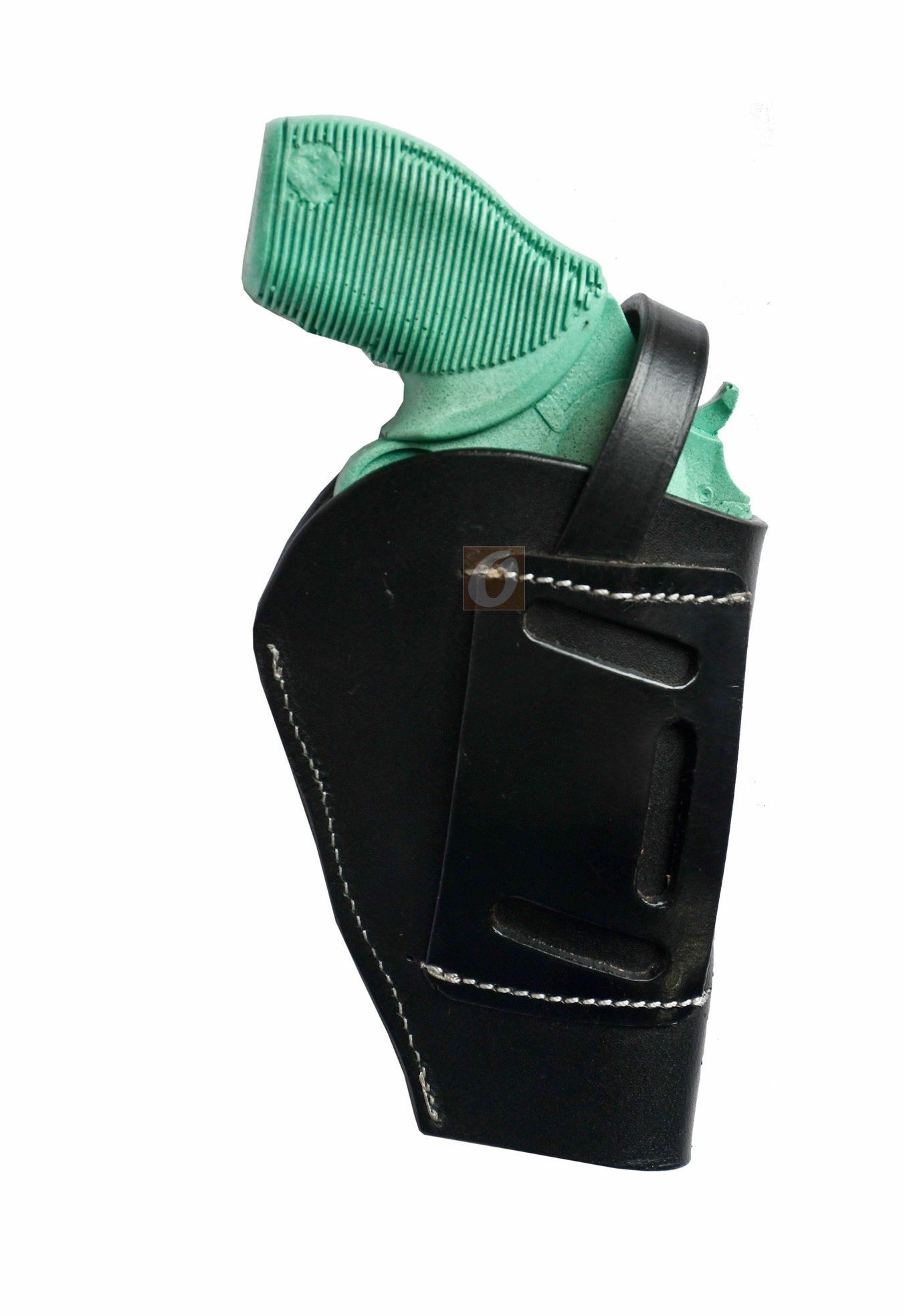 Right-handed black basket tooled OWB leather holster for Taurus Judge 45/410 Public Defender Poly revolvers – handmade Western 3-way carry design, back angle.