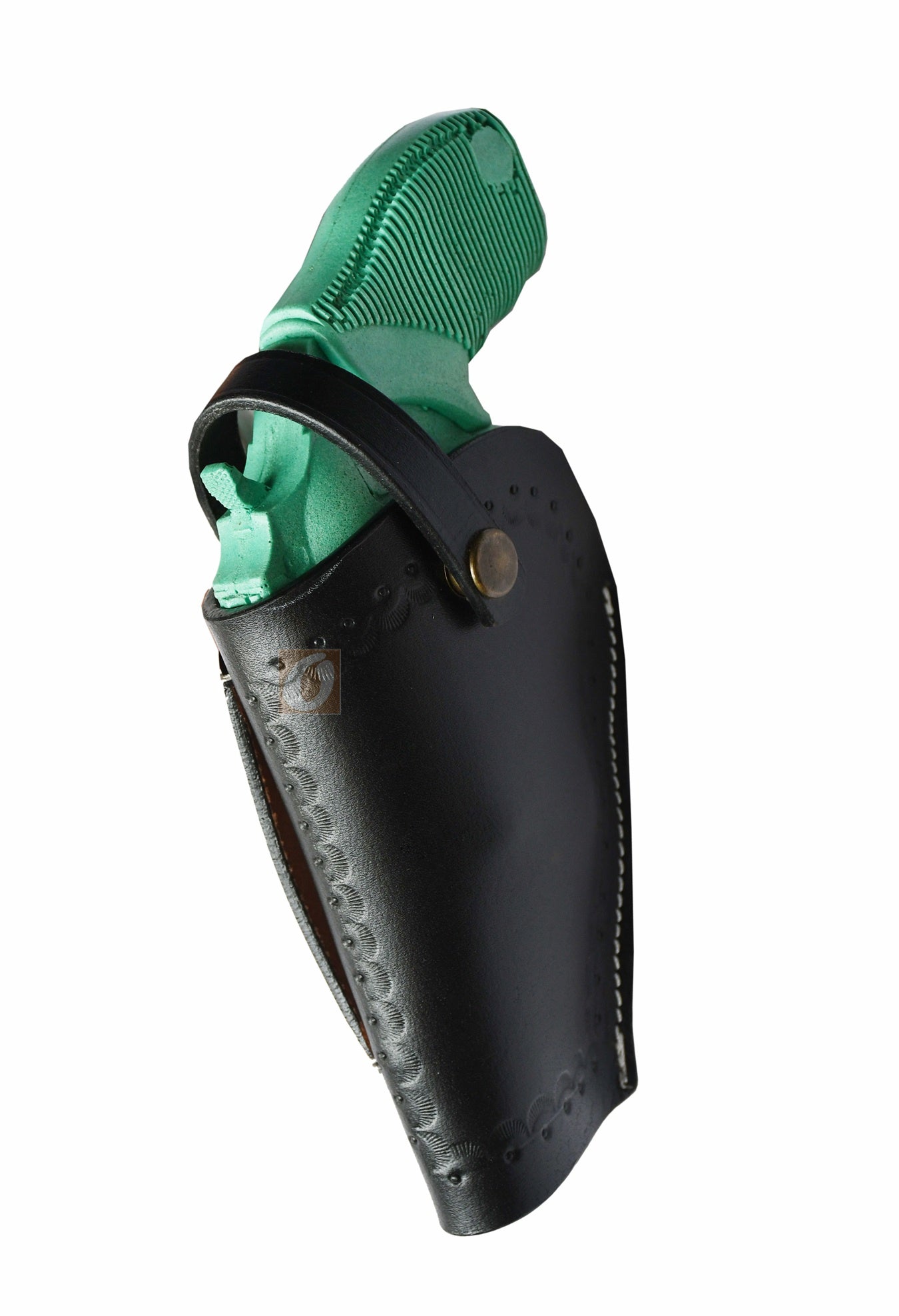 Handmade black leather gun holster with detailed seashell tooling, designed for left-handed users. A durable and stylish Western holster for everyday carry or cowboy action shooting.