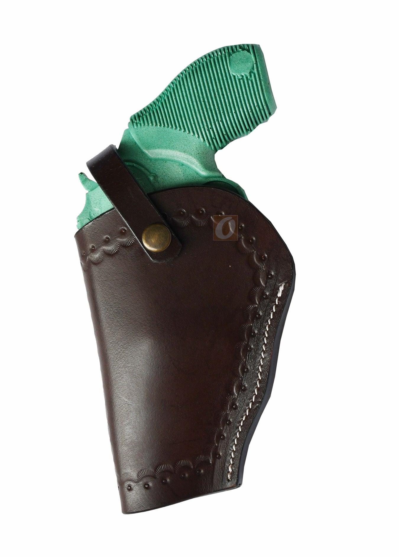 Left-handed brown shell tooled OWB leather holster for Taurus Judge 45/410 Public Defender Poly revolvers – handmade Western 3-way carry design, front view.