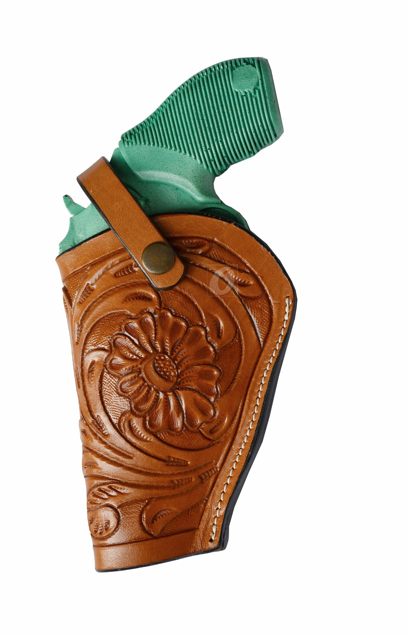 Left-handed tan floral tooled OWB leather holster for Taurus Judge 45/410 Public Defender Poly revolvers – handmade Western 3-way carry design, front view.