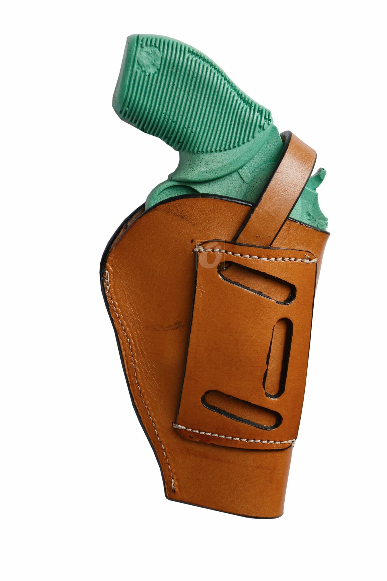 Left-handed tan floral tooled OWB leather holster for Taurus Judge 45/410 Public Defender Poly revolvers – handmade Western 3-way carry design, back view.
