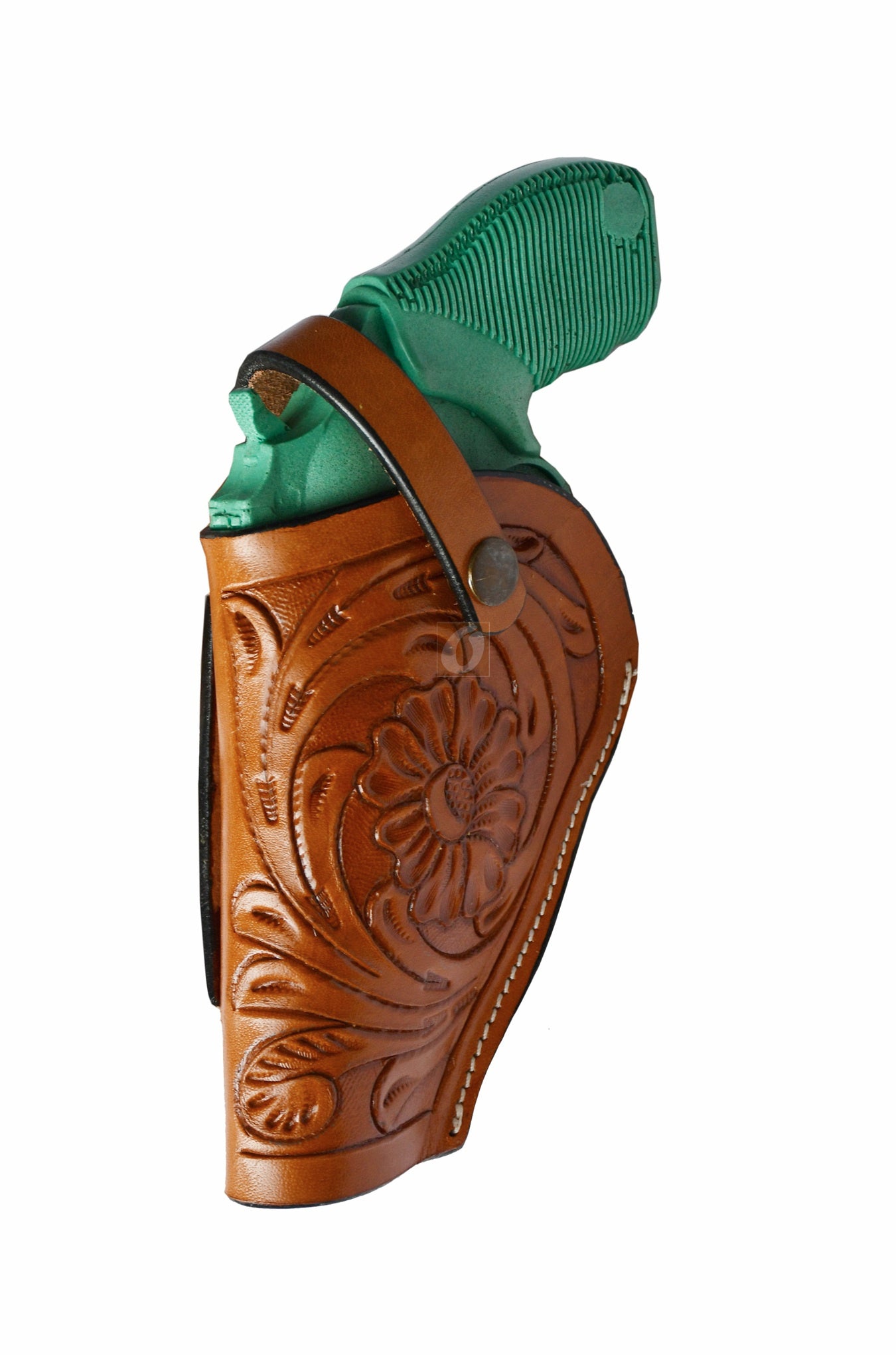 Left-handed tan floral tooled OWB leather holster for Taurus Judge 45/410 Public Defender Poly revolvers – handmade Western 3-way carry design, side angle.