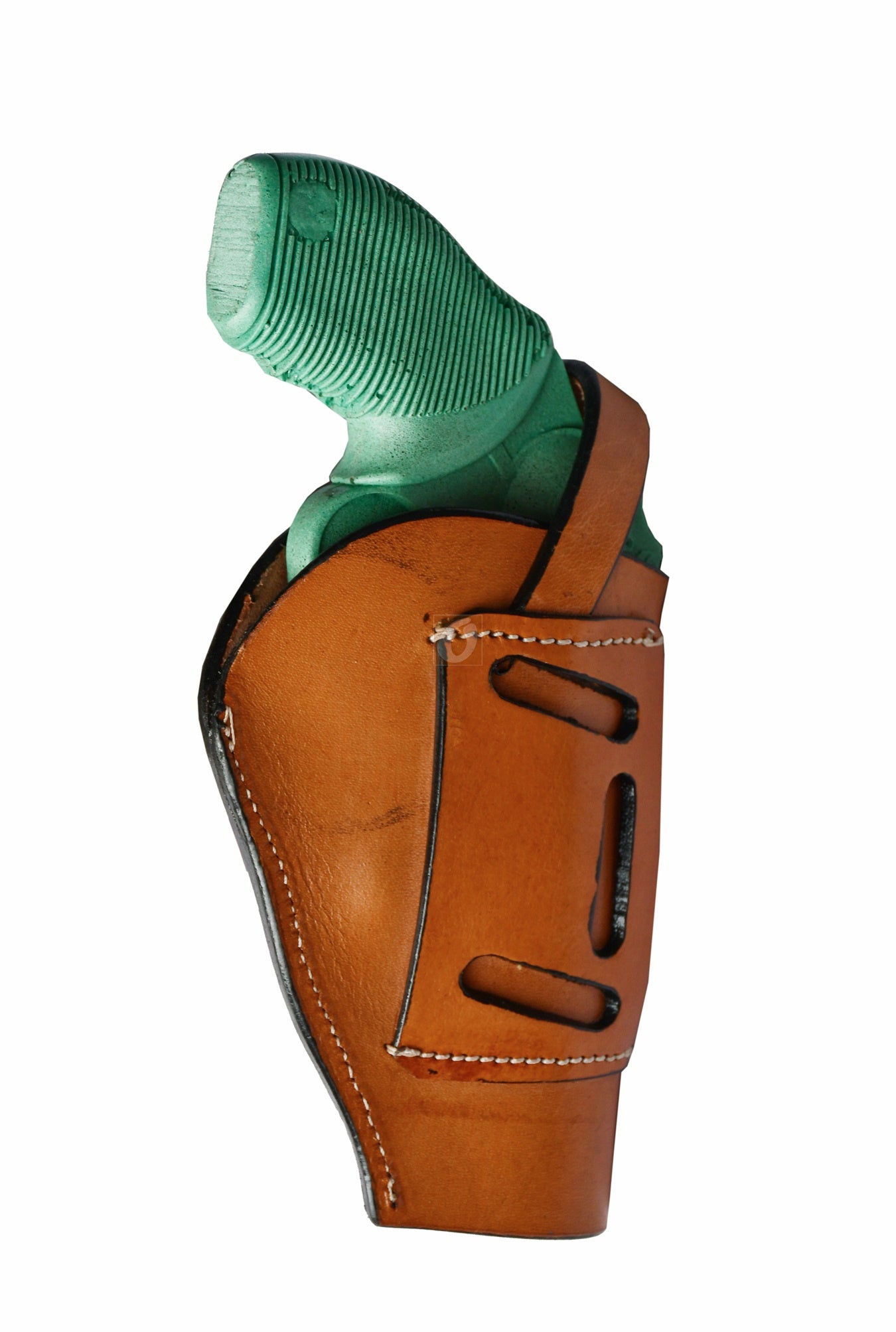 Left-handed tan floral tooled OWB leather holster for Taurus Judge 45/410 Public Defender Poly revolvers – handmade Western 3-way carry design, back angle.