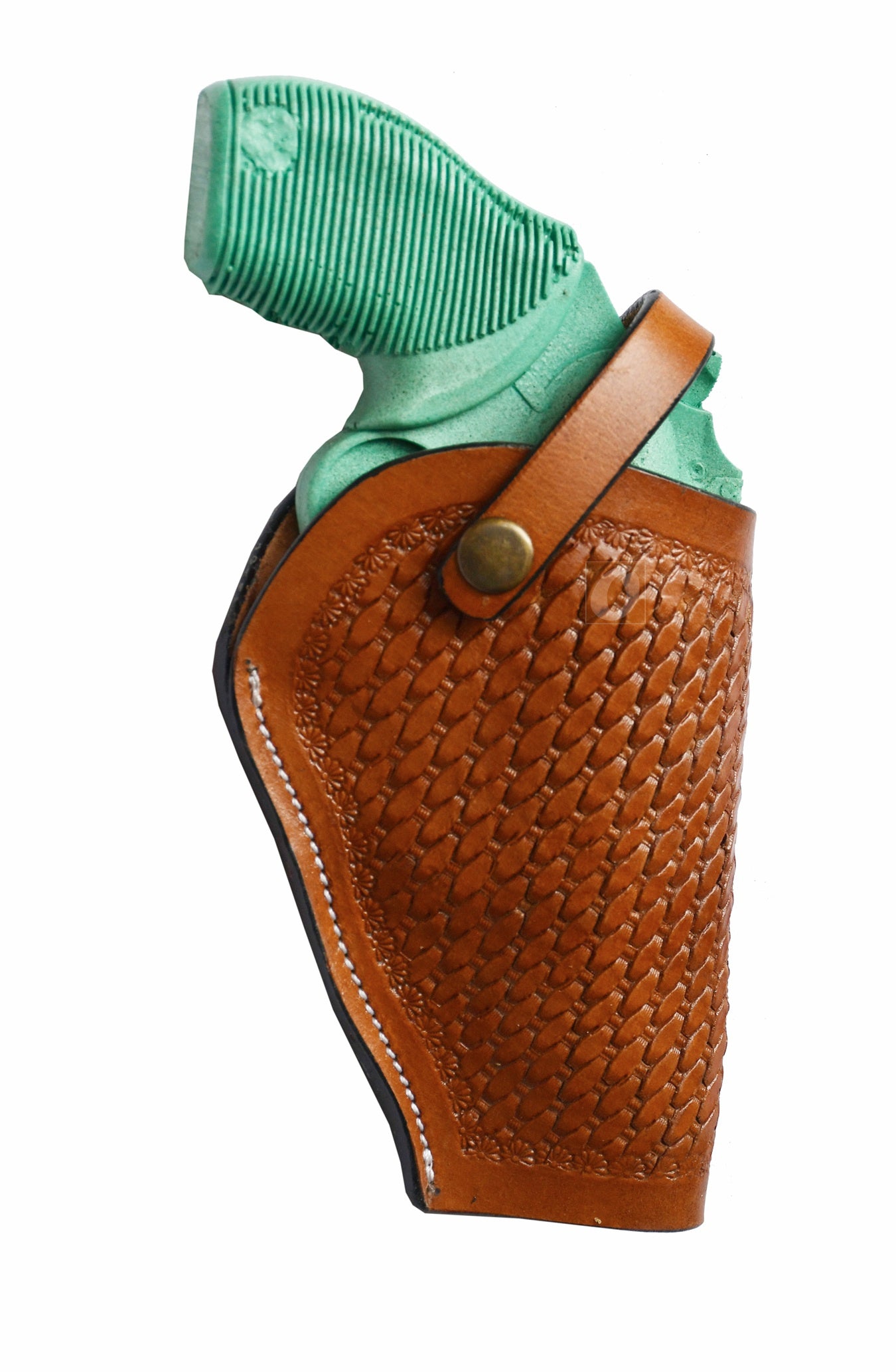Right-handed tan leather holster with basket weave tooling, designed specifically for the Taurus Judge Defender. A handcrafted, durable holster combining style and secure firearm carry.