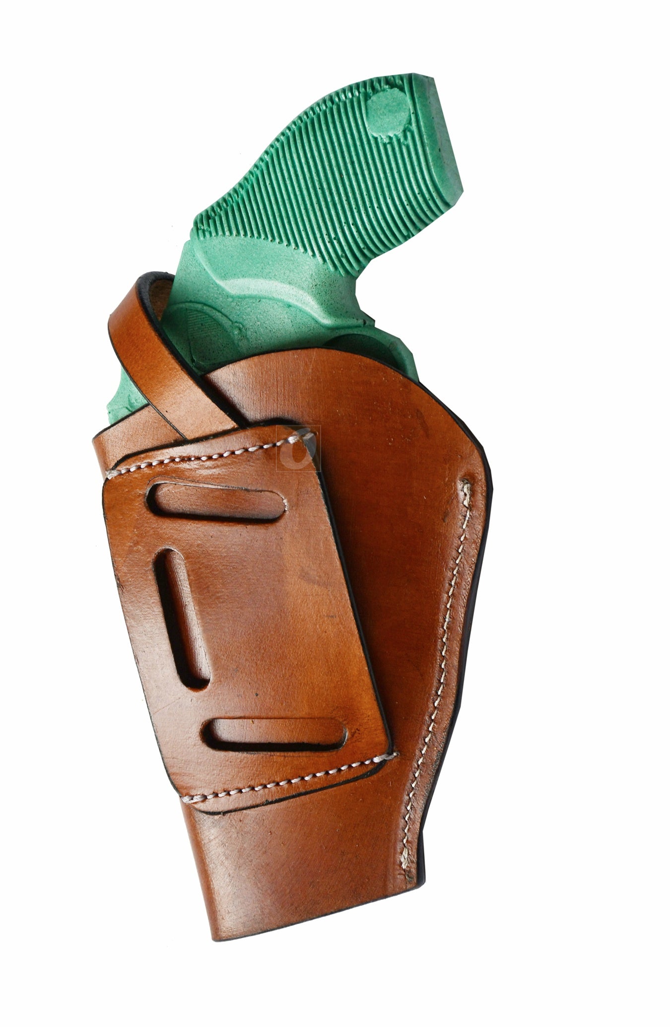Premium tan leather holster with basket weave tooling for Taurus Judge Defender. This right-handed holster offers a secure fit with classic Western-inspired craftsmanship.