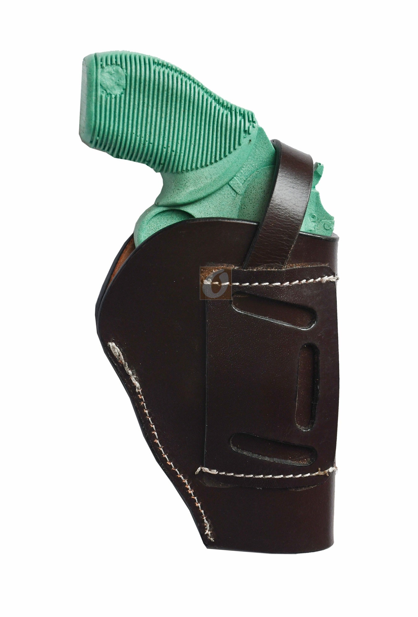 Left-handed brown shell tooled OWB leather holster for Taurus Judge 45/410 Public Defender Poly revolvers – handmade Western 3-way carry design, back view.