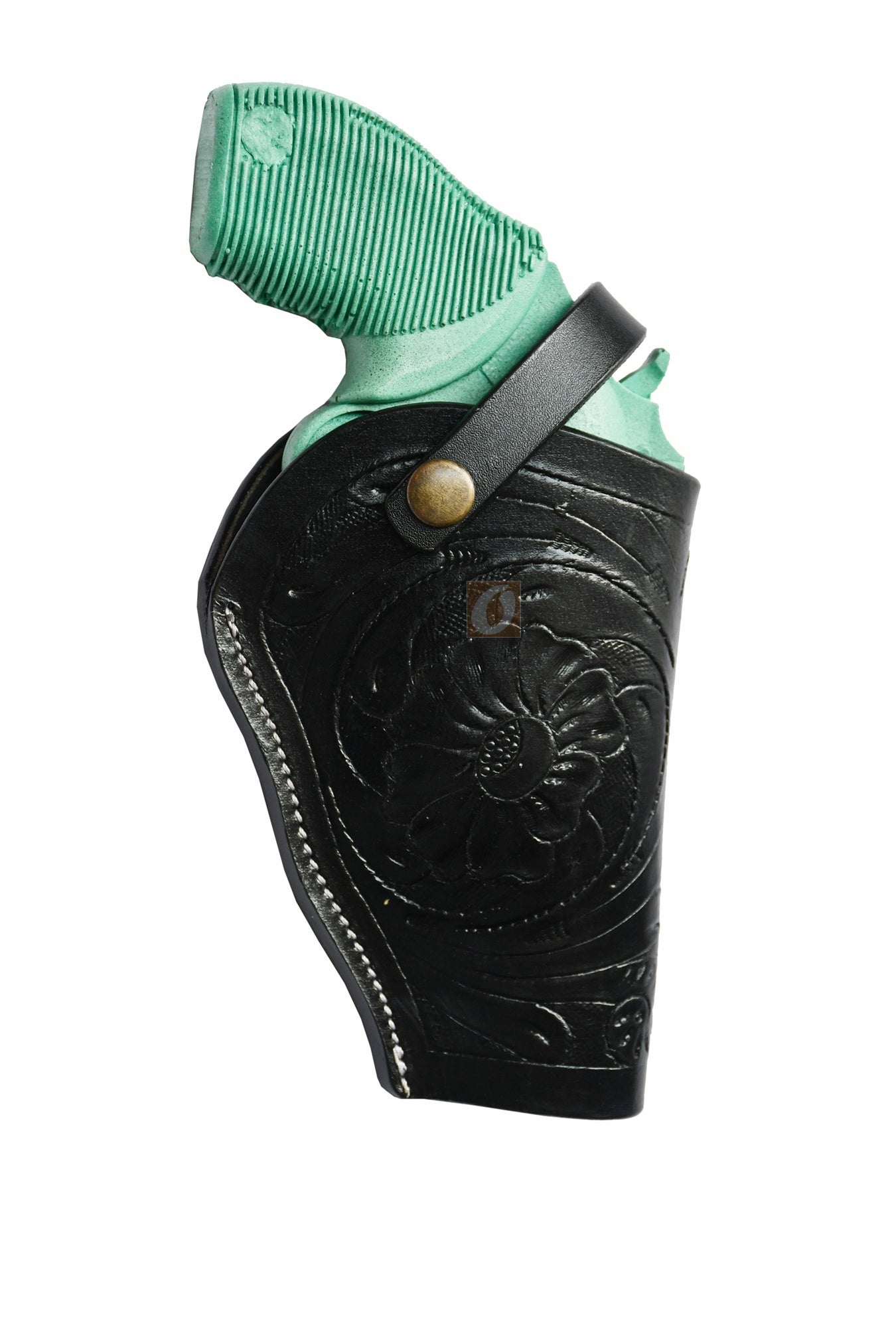 Right-handed black floral tooled OWB leather holster for Taurus Judge 45/410 Public Defender Poly revolvers – handmade Western 3-way carry design, front view.