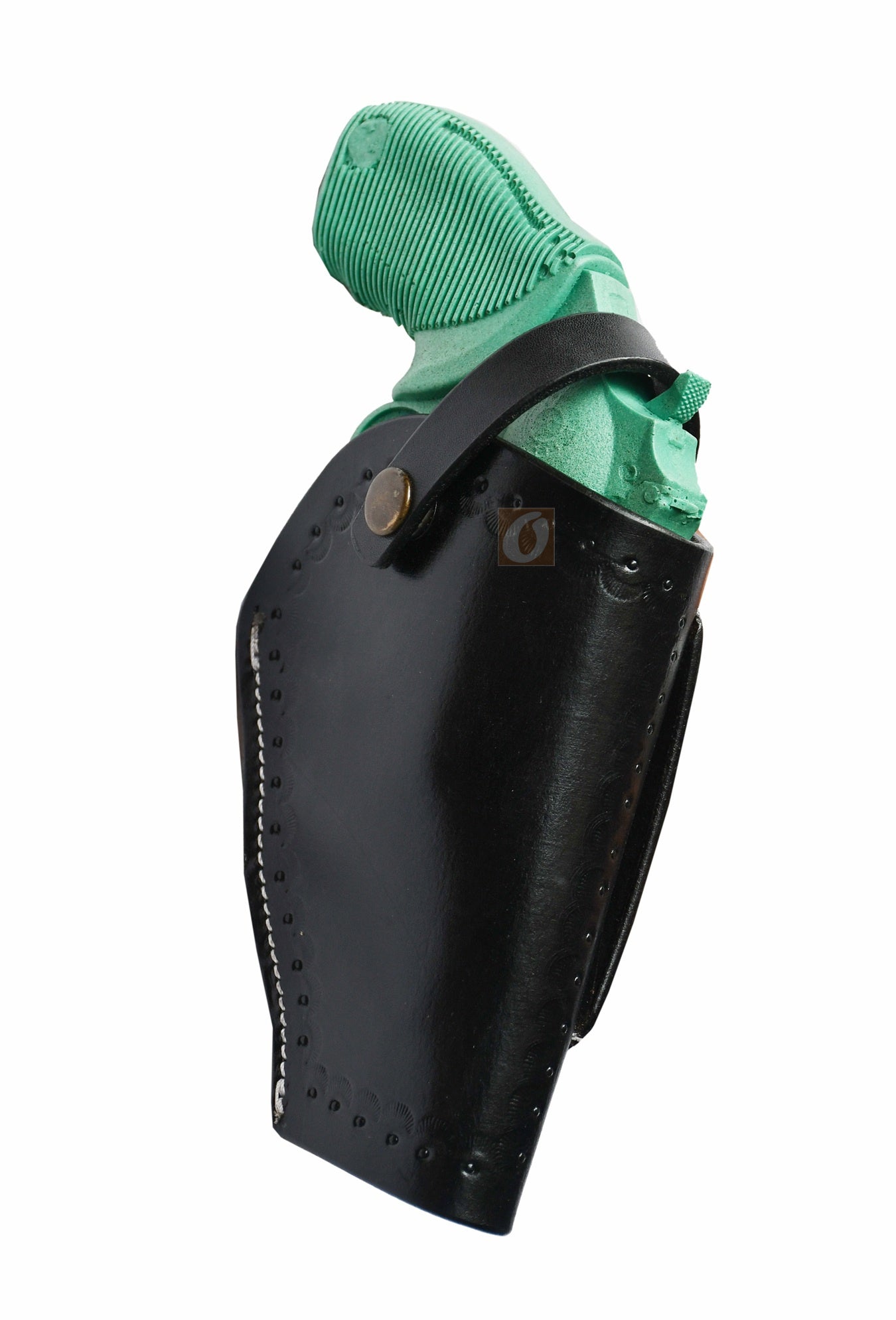 Right-handed black shell tooled OWB leather holster for Taurus Judge 45/410 Public Defender Poly revolvers – handmade Western 3-way carry design, side angle.