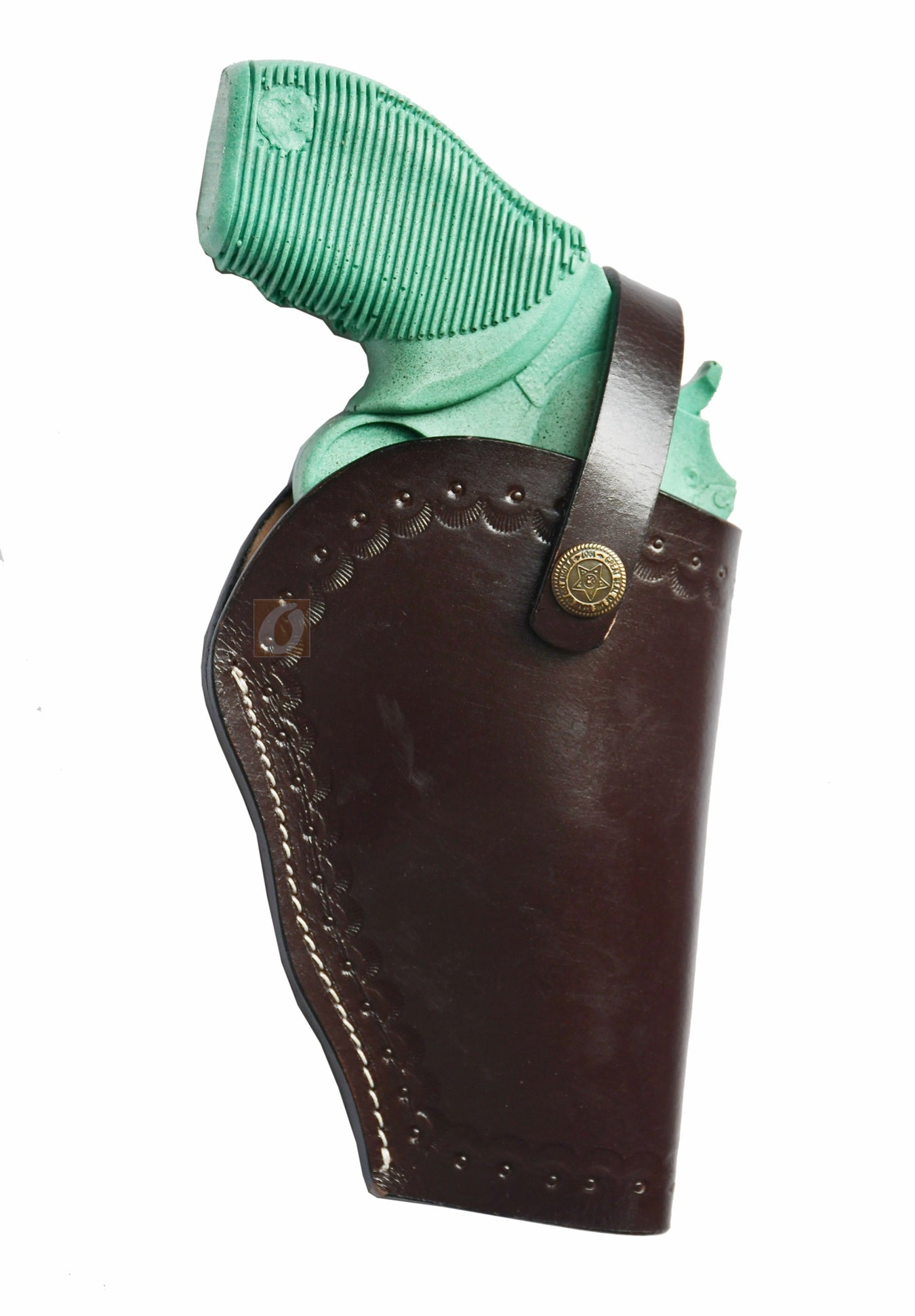 Right-handed black shell tooled OWB leather holster for Taurus Judge 45/410 Public Defender Poly revolvers – handmade Western 3-way carry design, front view.