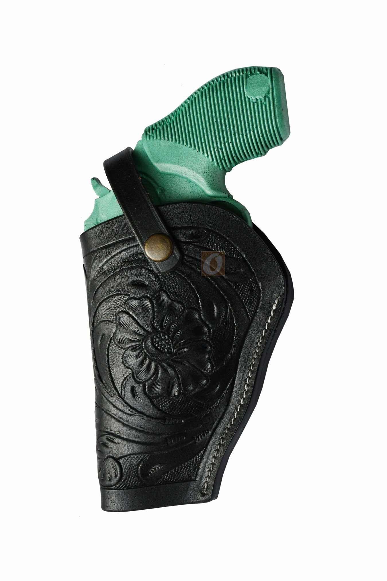 Left-handed black floral tooled OWB leather holster for Taurus Judge 45/410 Public Defender Poly revolvers – handmade Western 3-way carry design, front view.