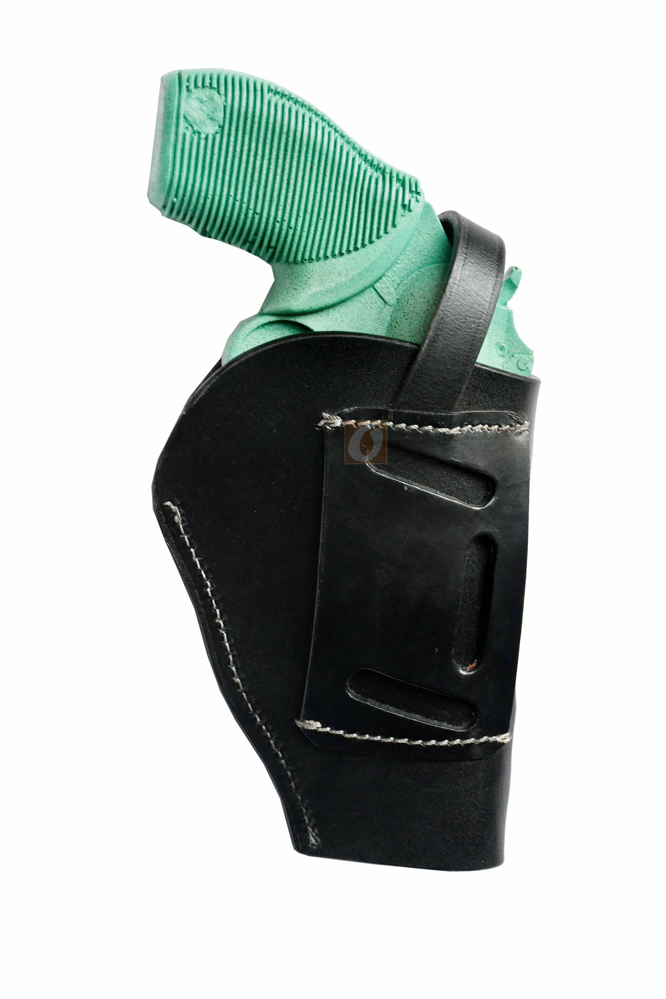 Left-handed black floral tooled OWB leather holster for Taurus Judge 45/410 Public Defender Poly revolvers – handmade Western 3-way carry design, back view.