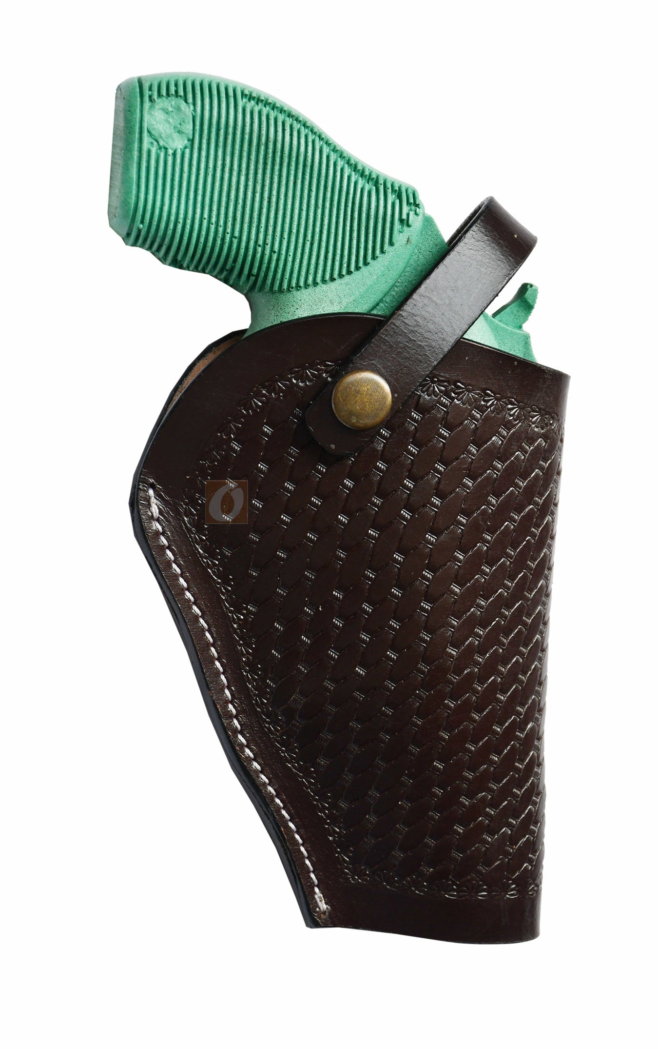 Right-handed brown leather holster with basket weave tooling, designed specifically for the Taurus Judge Defender. A handcrafted Western-style gun holster offering durability, style, and a perfect fit