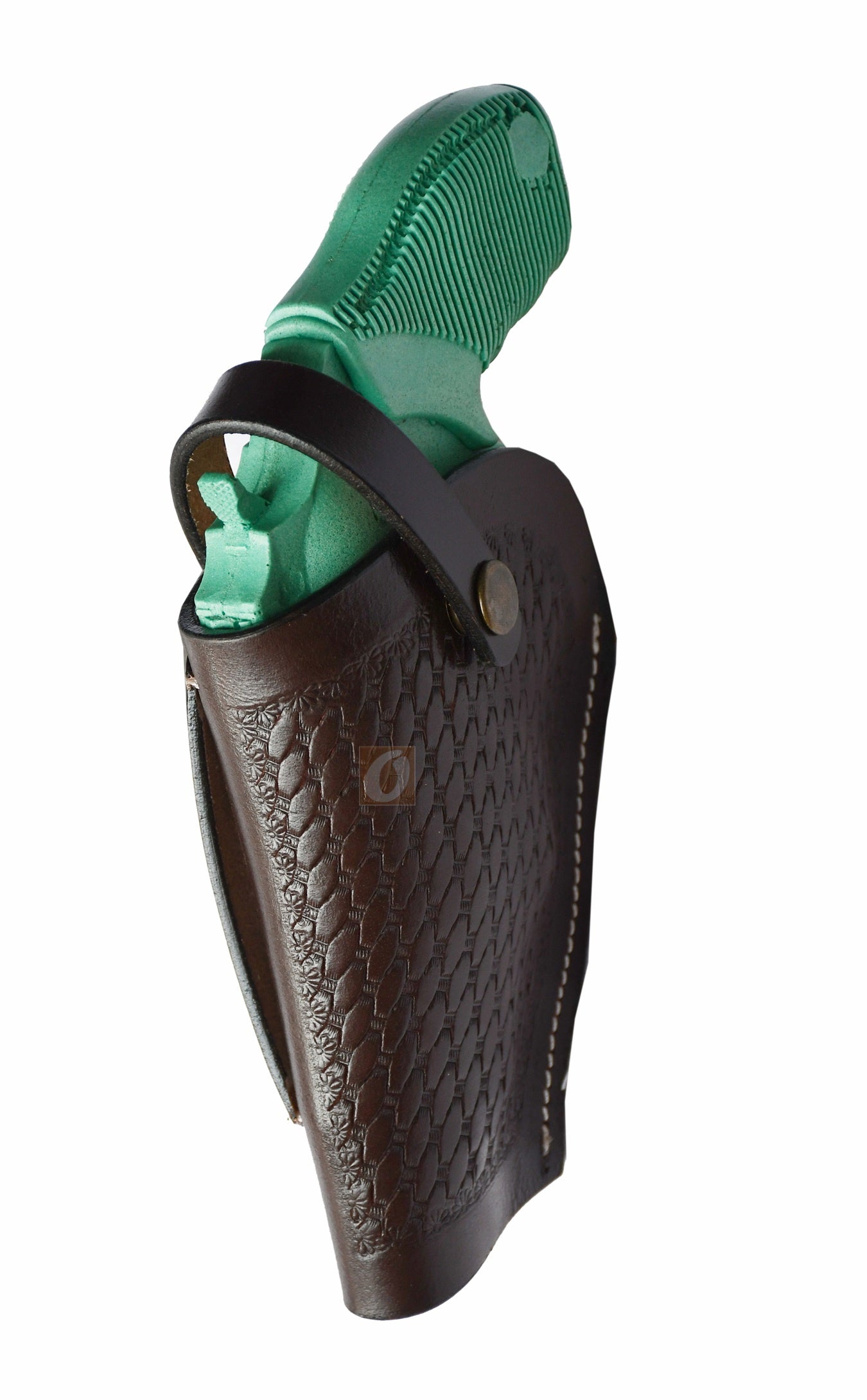 Western-style left-handed brown leather holster featuring detailed basket weave tooling, made for the Taurus Judge Defender. A stylish and reliable holster for daily carry.