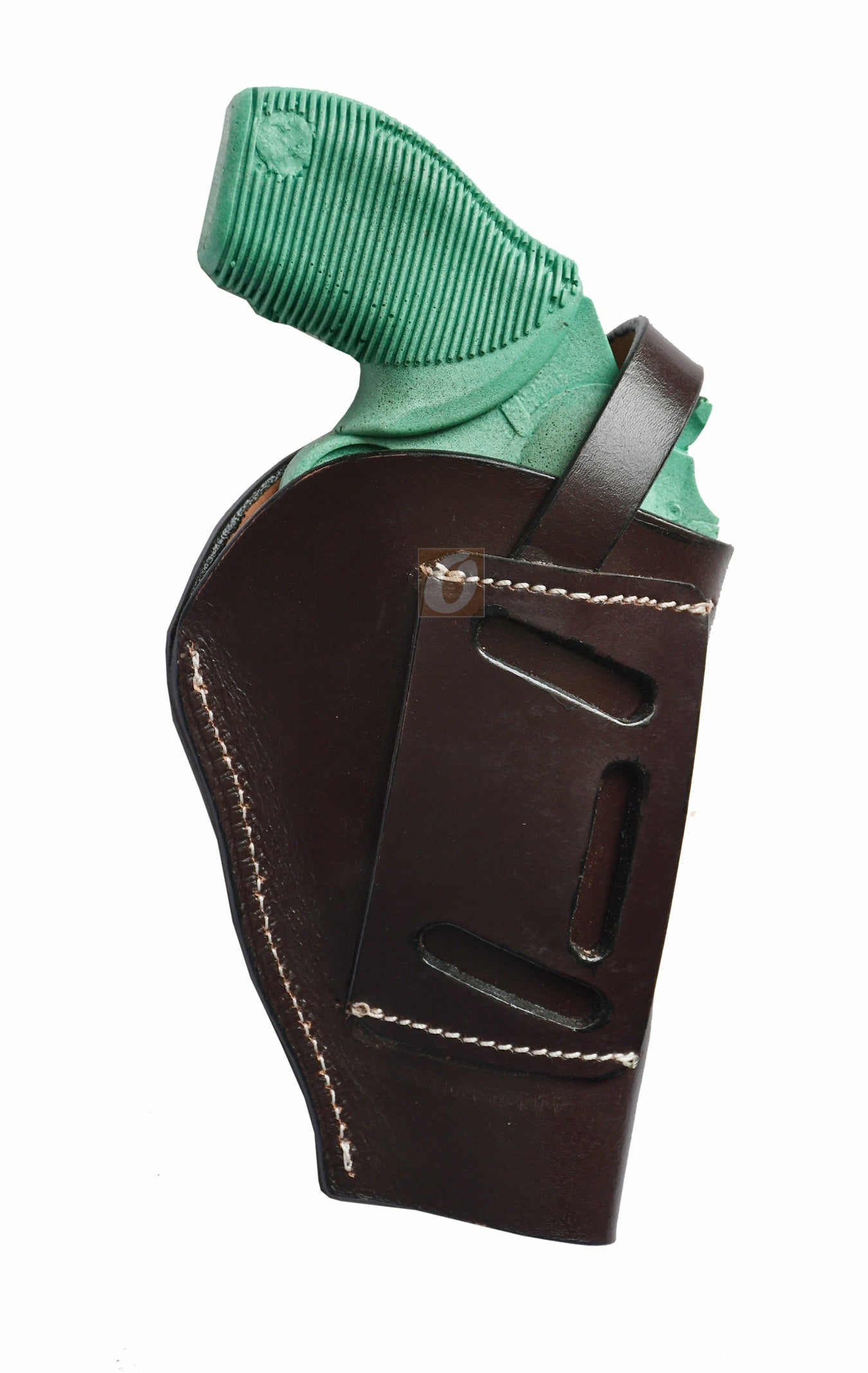 Handmade brown leather gun holster with basket weave tooling, tailored for the Taurus Judge Defender. This left-handed holster offers both durability and timeless Western design.