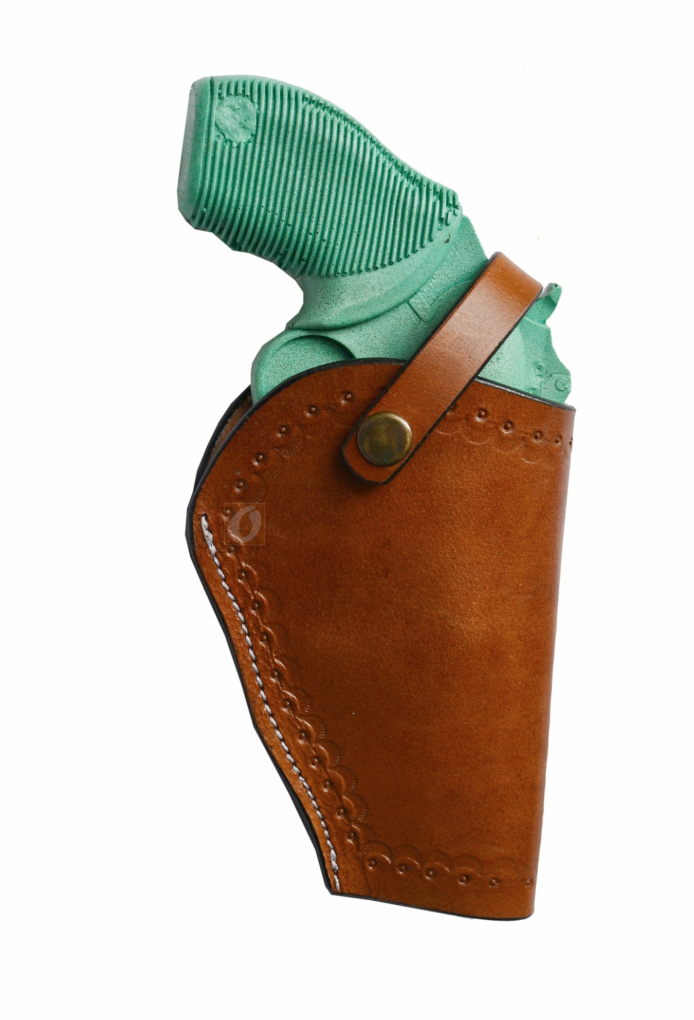 "Right-handed tan leather holster with intricate seashell tooling – a handcrafted Western-style gun holster designed for durability and unique coastal-inspired flair.