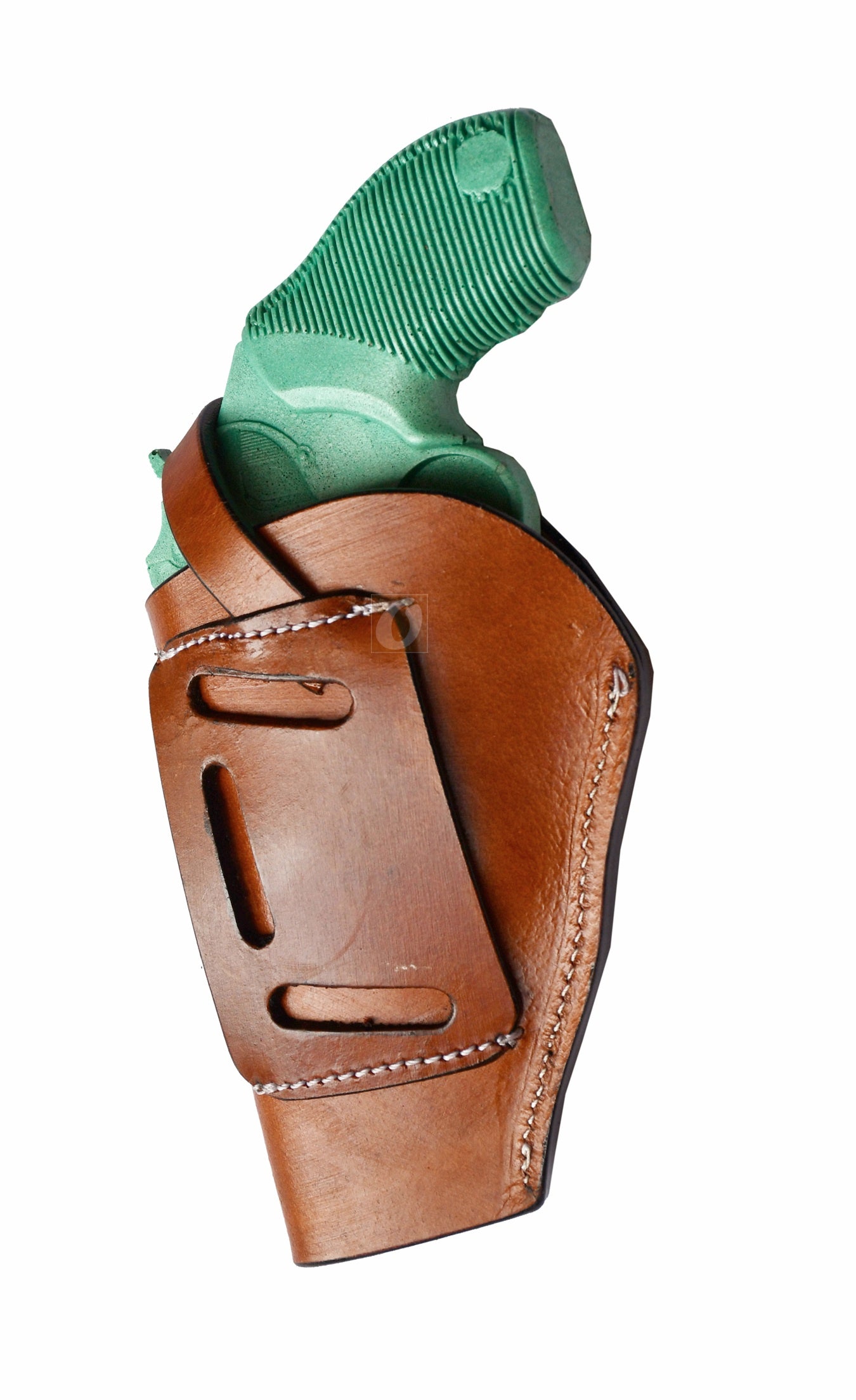 Premium tan leather gun holster with seashell tooling, crafted for right-handed shooters. A perfect blend of Western aesthetics and secure firearm carry.