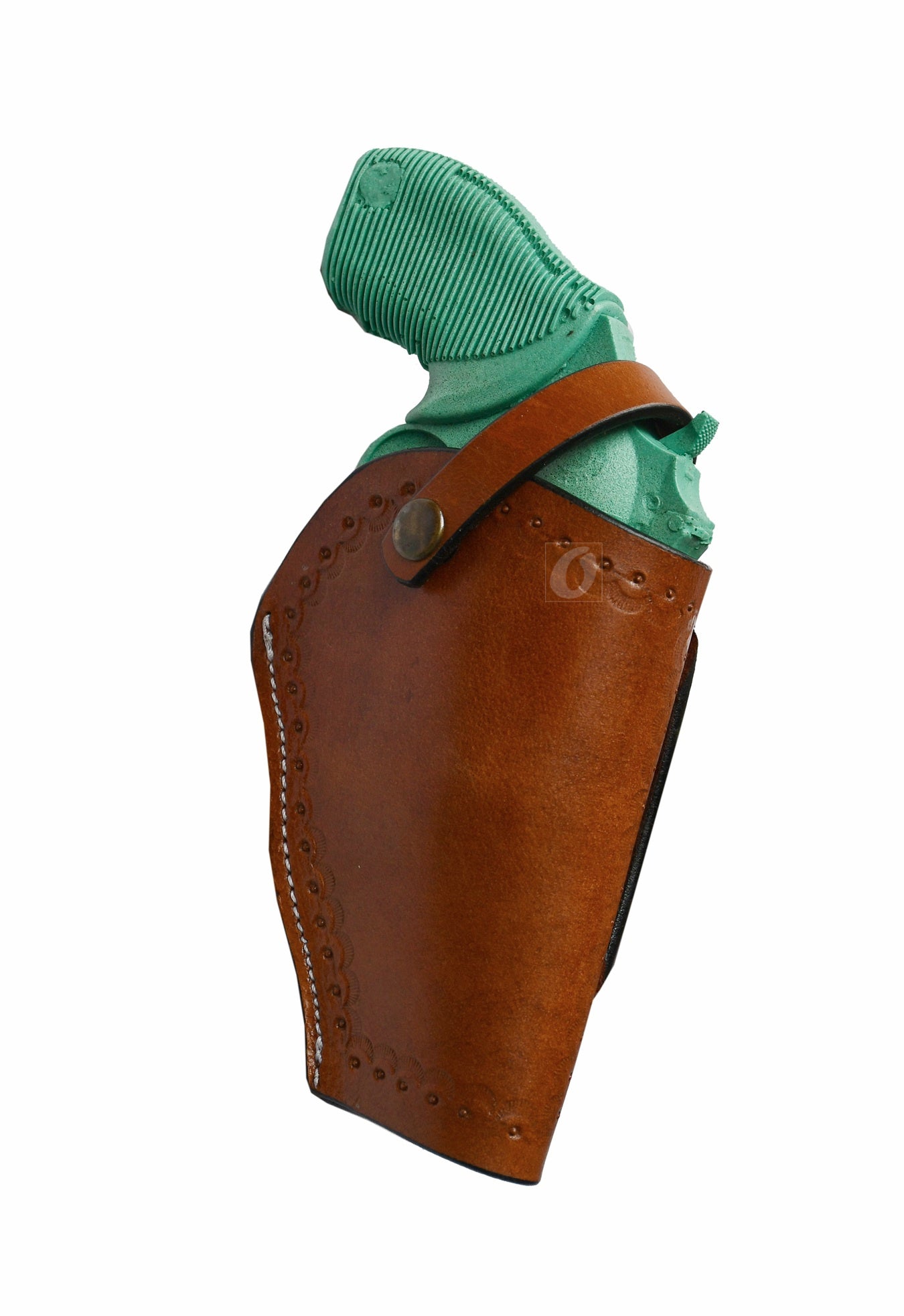Western-style right-handed tan leather holster featuring detailed seashell tooling. A high-quality, durable holster designed for revolver enthusiasts.