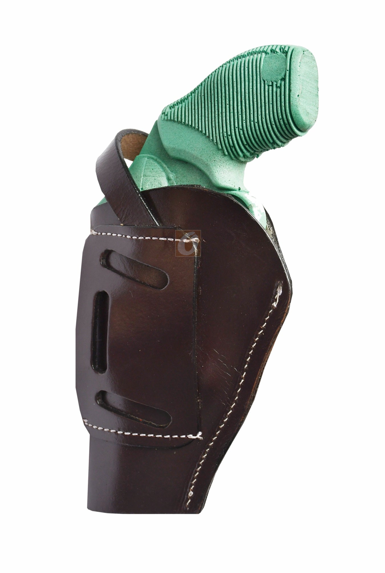 Right-handed brown floral tooled OWB leather holster for Taurus Judge 45/410 Public Defender Poly revolvers – handmade Western 3-way carry design, back angle.