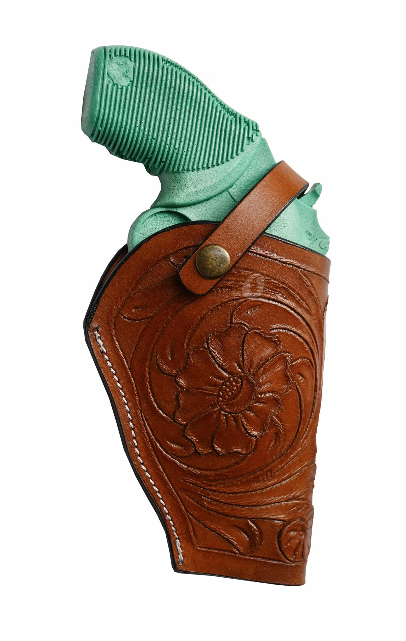 Right-handed tan floral tooled OWB leather holster for Taurus Judge 45/410 Public Defender Poly revolvers – handmade Western 3-way carry design, front view.