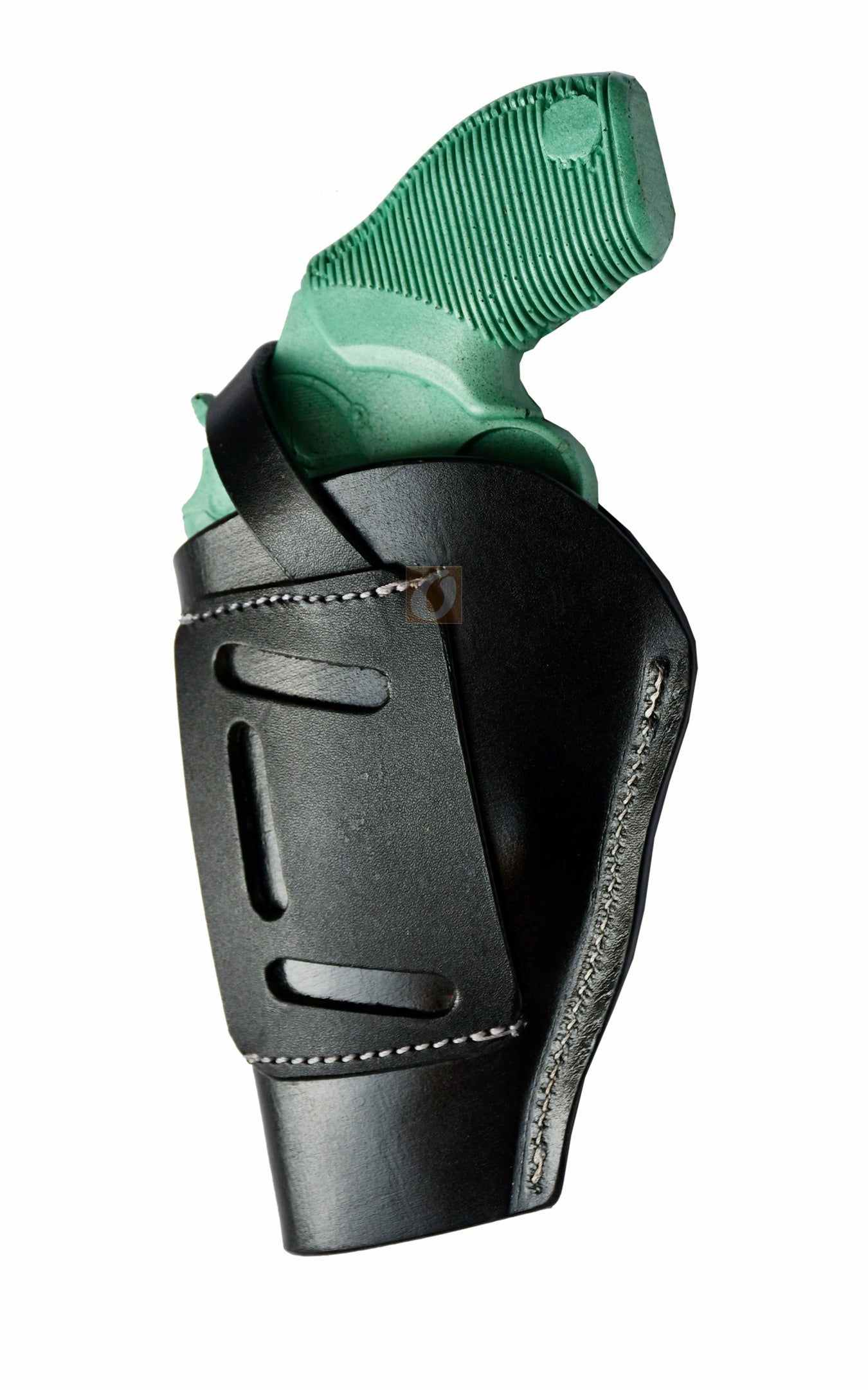 Right-handed black shell tooled OWB leather holster for Taurus Judge 45/410 Public Defender Poly revolvers – handmade Western 3-way carry design, back view.