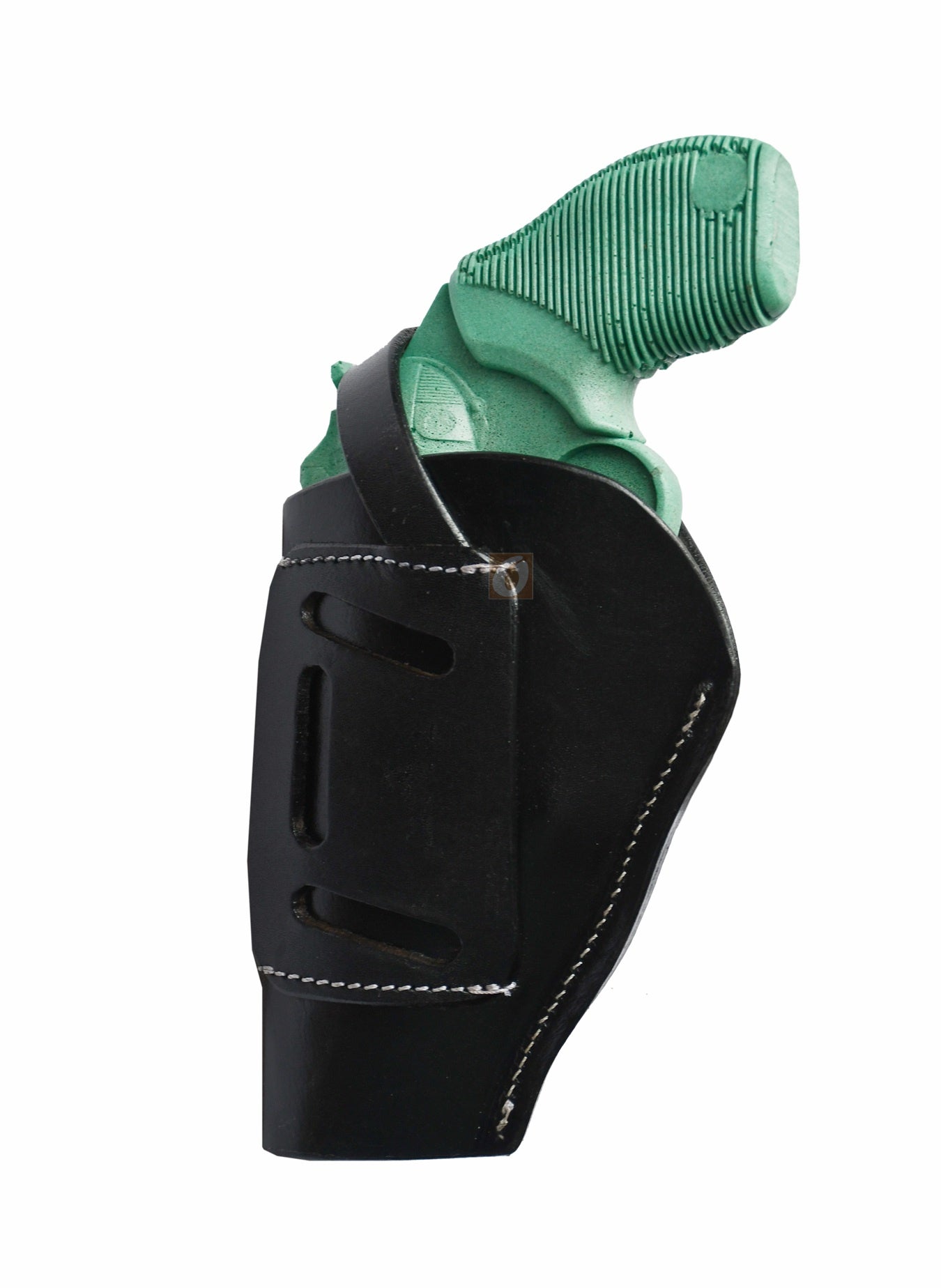 Right-handed black shell tooled OWB leather holster for Taurus Judge 45/410 Public Defender Poly revolvers – handmade Western 3-way carry design, side angle.