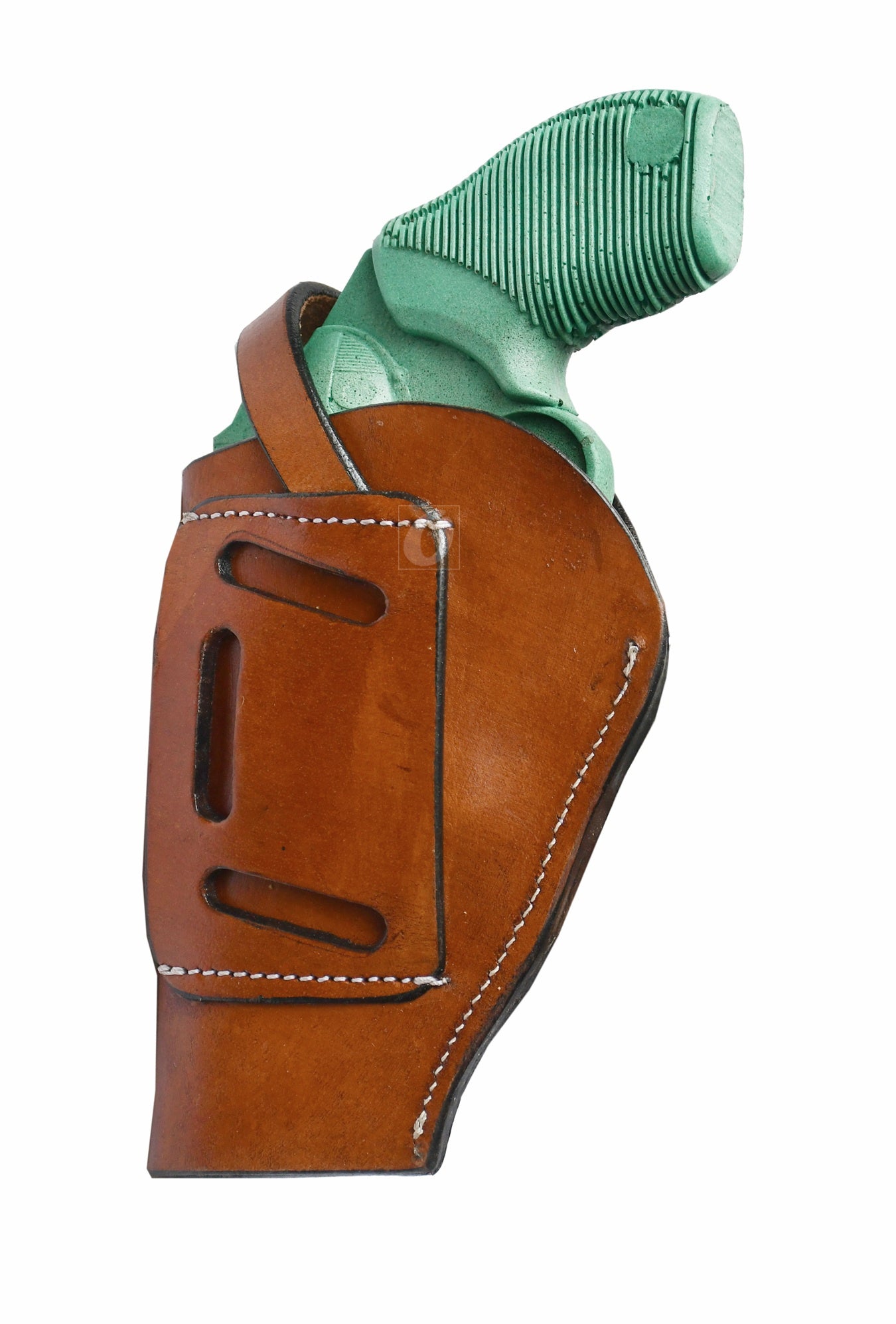 Handmade tan leather gun holster with basket weave tooling, tailored for the Taurus Judge Defender. This right-handed holster provides a perfect blend of function and timeless Western design.