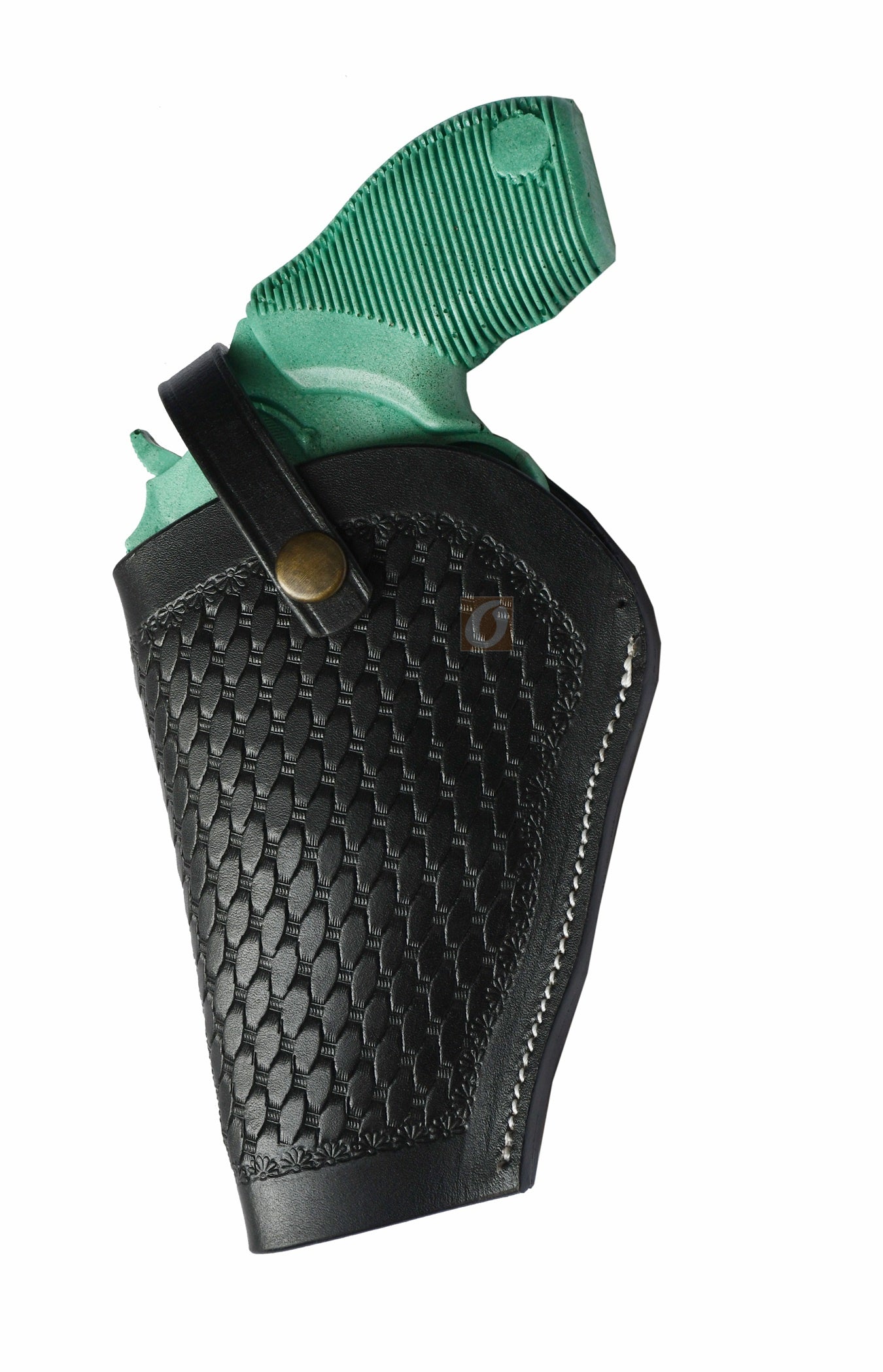 Left-handed black leather holster with basket weave tooling, designed for the Taurus Judge Defender. A handcrafted Western-style gun holster offering durability, secure fit, and classic design.