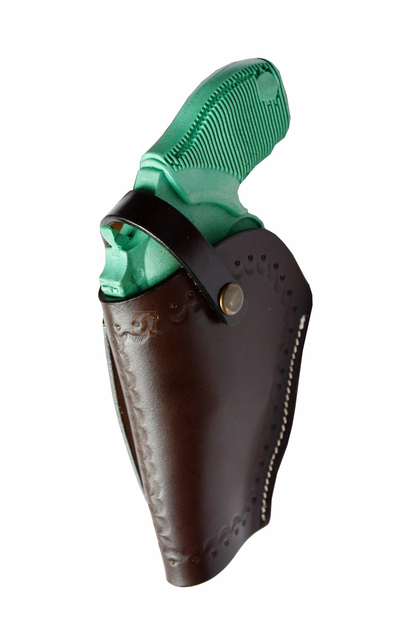 Left-handed brown shell tooled OWB leather holster for Taurus Judge 45/410 Public Defender Poly revolvers – handmade Western 3-way carry design, side angle.