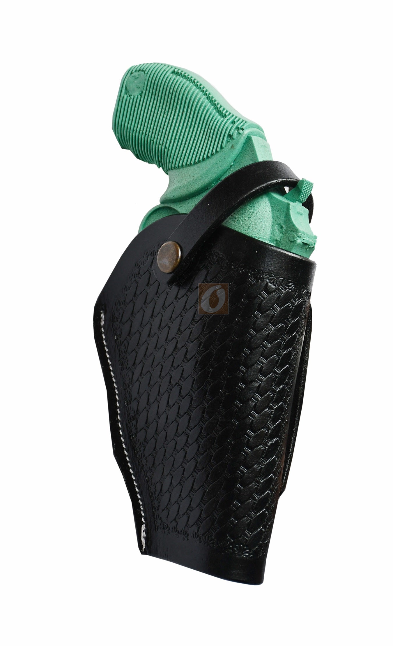 Handcrafted black leather gun holster with basket weave tooling, designed for the Taurus Judge Defender. This right-handed holster offers a sleek and durable solution for those seeking both style and performance.