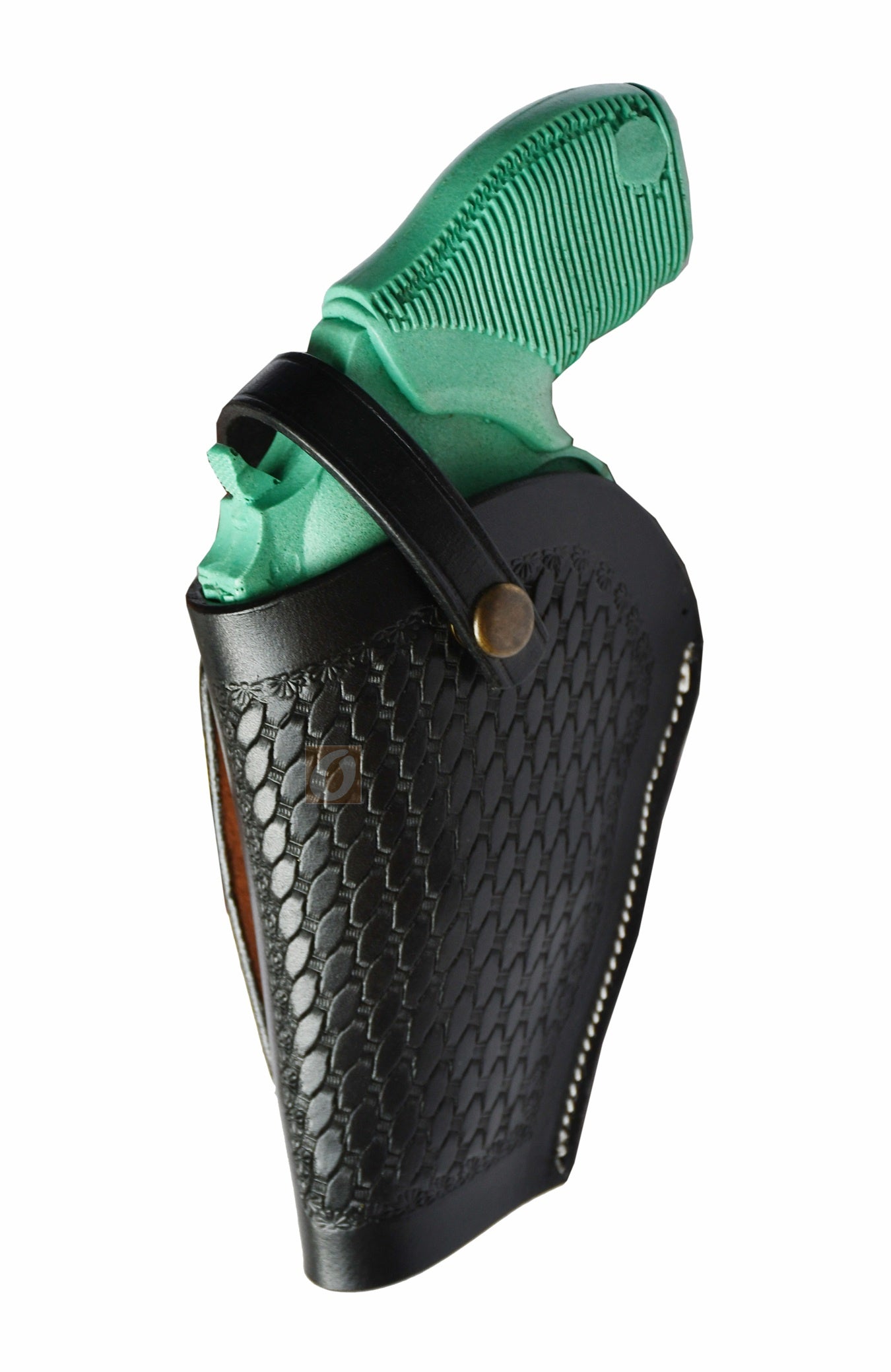 Handmade black leather gun holster with basket weave tooling, designed for the Taurus Judge Defender. This left-handed holster offers a perfect balance of function and classic Western design.