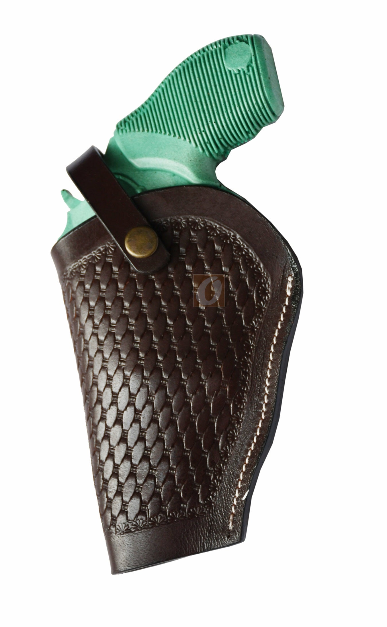 Left-handed brown leather holster with basket weave tooling, designed specifically for the Taurus Judge Defender. A handcrafted, durable holster combining style and secure firearm carry.