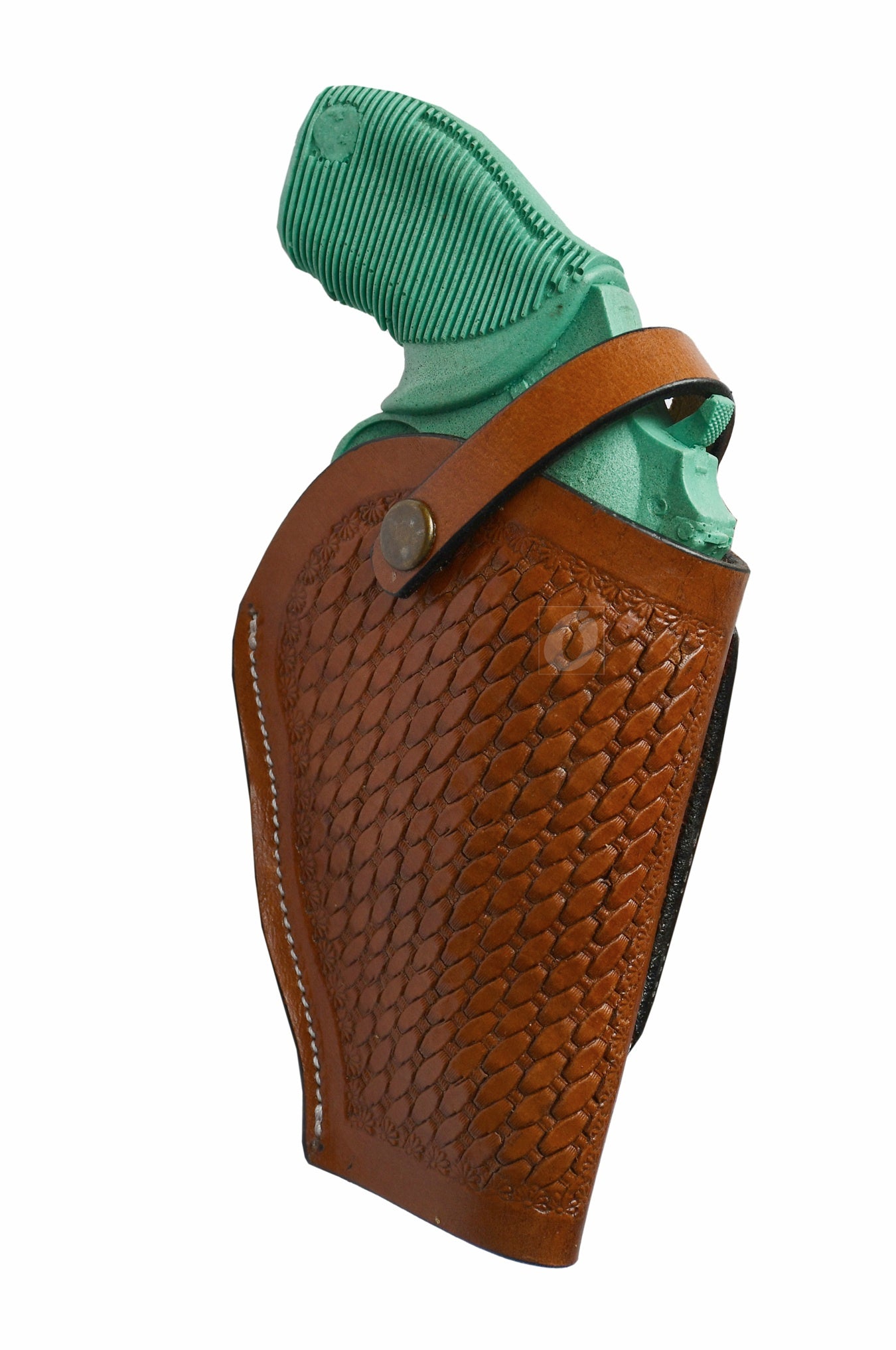 Western-style right-handed tan leather holster featuring detailed basket weave tooling, custom-made for the Taurus Judge Defender. A stylish and reliable holster for daily use.