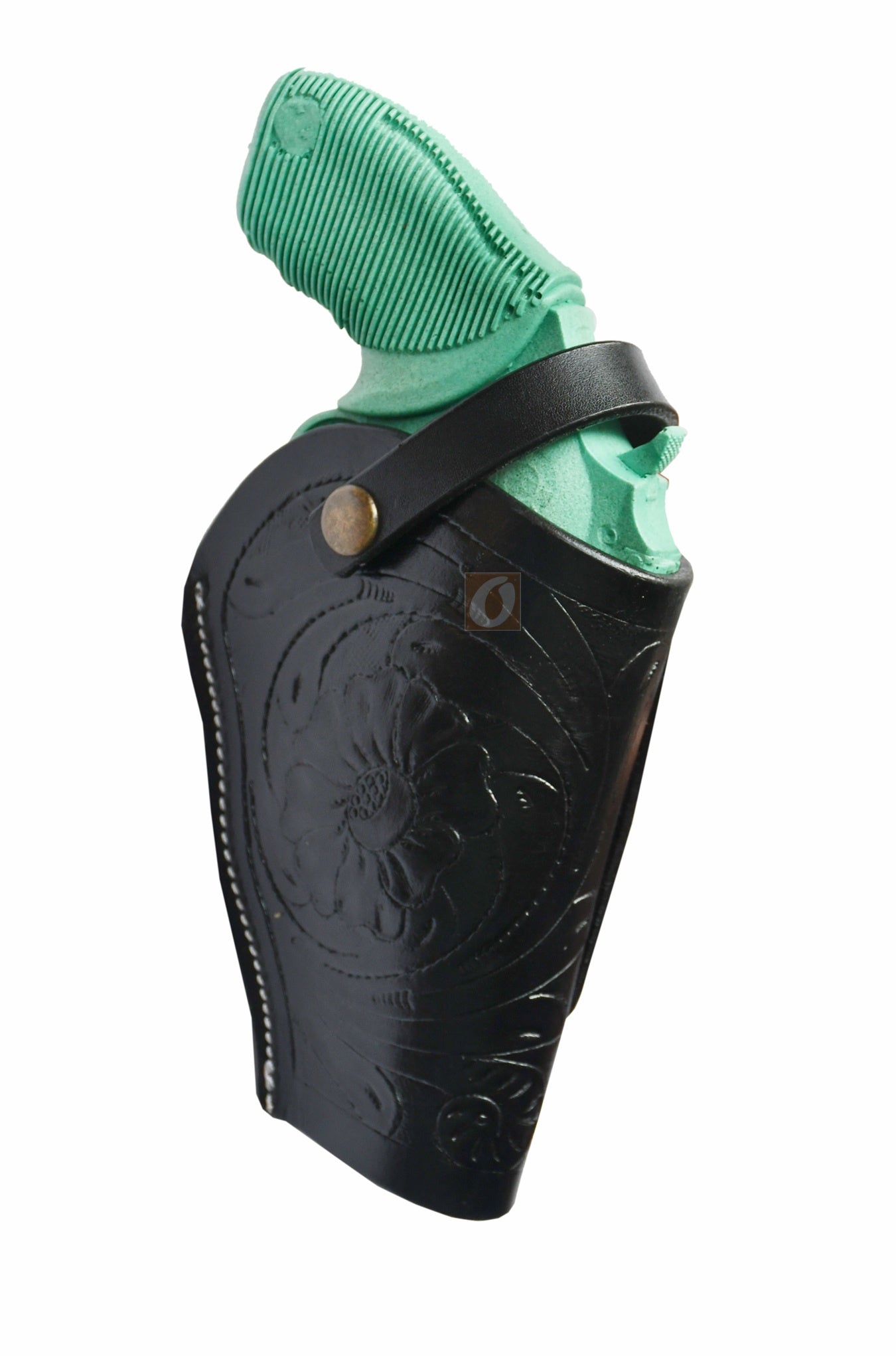 Right-handed black floral tooled OWB leather holster for Taurus Judge 45/410 Public Defender Poly revolvers – handmade Western 3-way carry design, back angle.