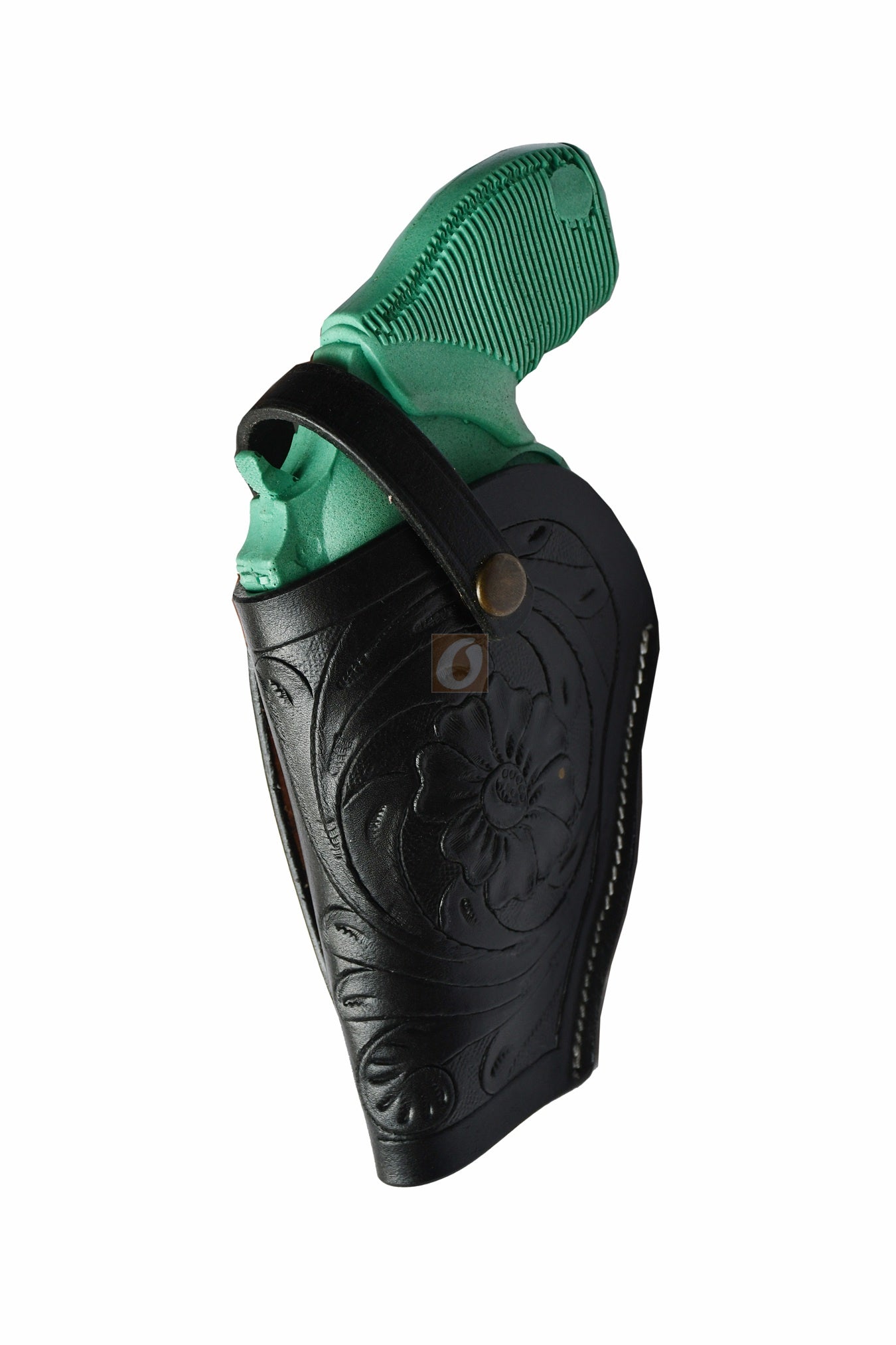 Left-handed black floral tooled OWB leather holster for Taurus Judge 45/410 Public Defender Poly revolvers – handmade Western 3-way carry design, side angle.