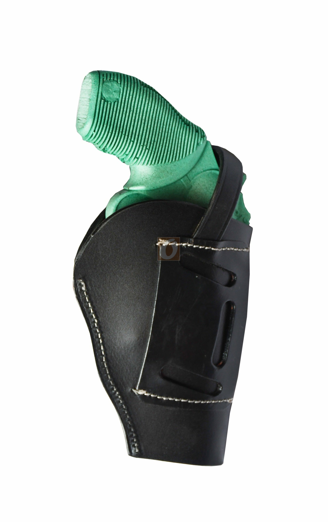 Left-handed black floral tooled OWB leather holster for Taurus Judge 45/410 Public Defender Poly revolvers – handmade Western 3-way carry design, back angle.