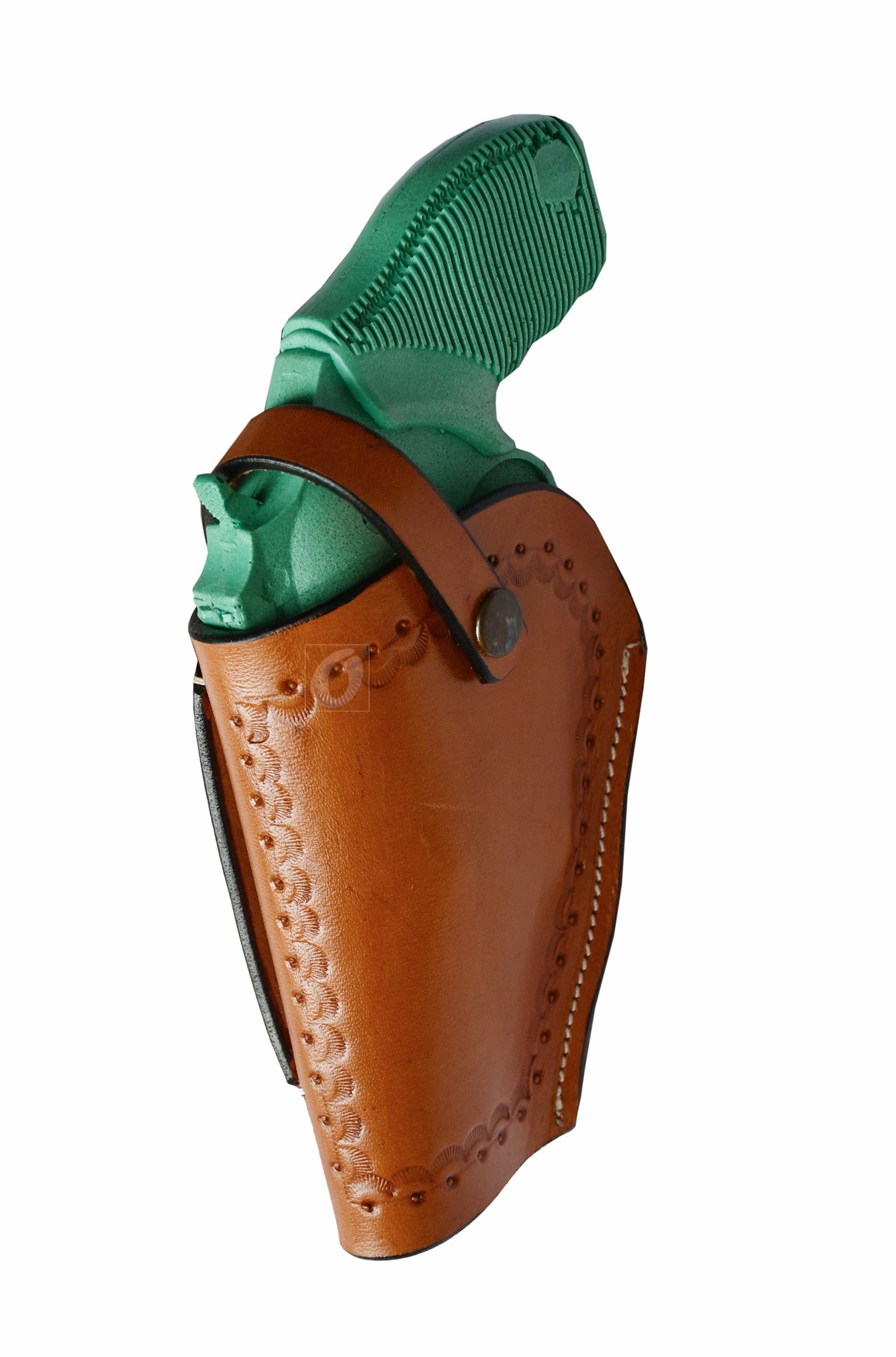 Handmade tan leather gun holster with elegant seashell tooling, designed for left-handed users. A stylish and functional Western holster for everyday carry or cowboy action shooting.