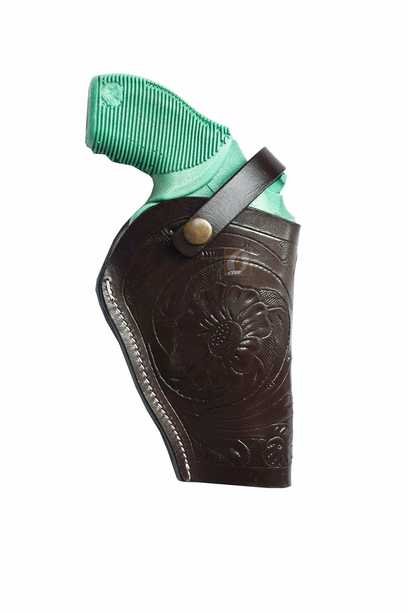 Right-handed brown floral tooled OWB leather holster for Taurus Judge 45/410 Public Defender Poly revolvers – handmade Western 3-way carry design, front view.