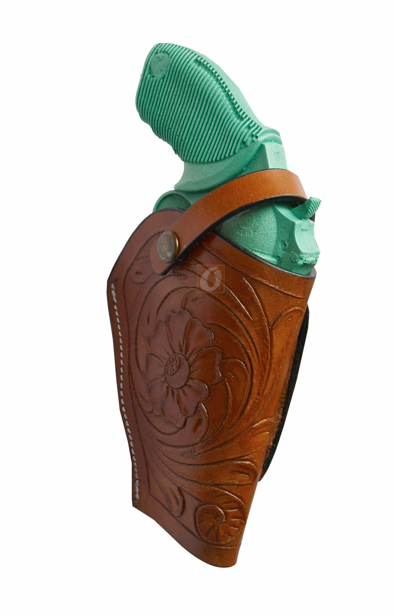 Right-handed tan floral tooled OWB leather holster for Taurus Judge 45/410 Public Defender Poly revolvers – handmade Western 3-way carry design, side angle.