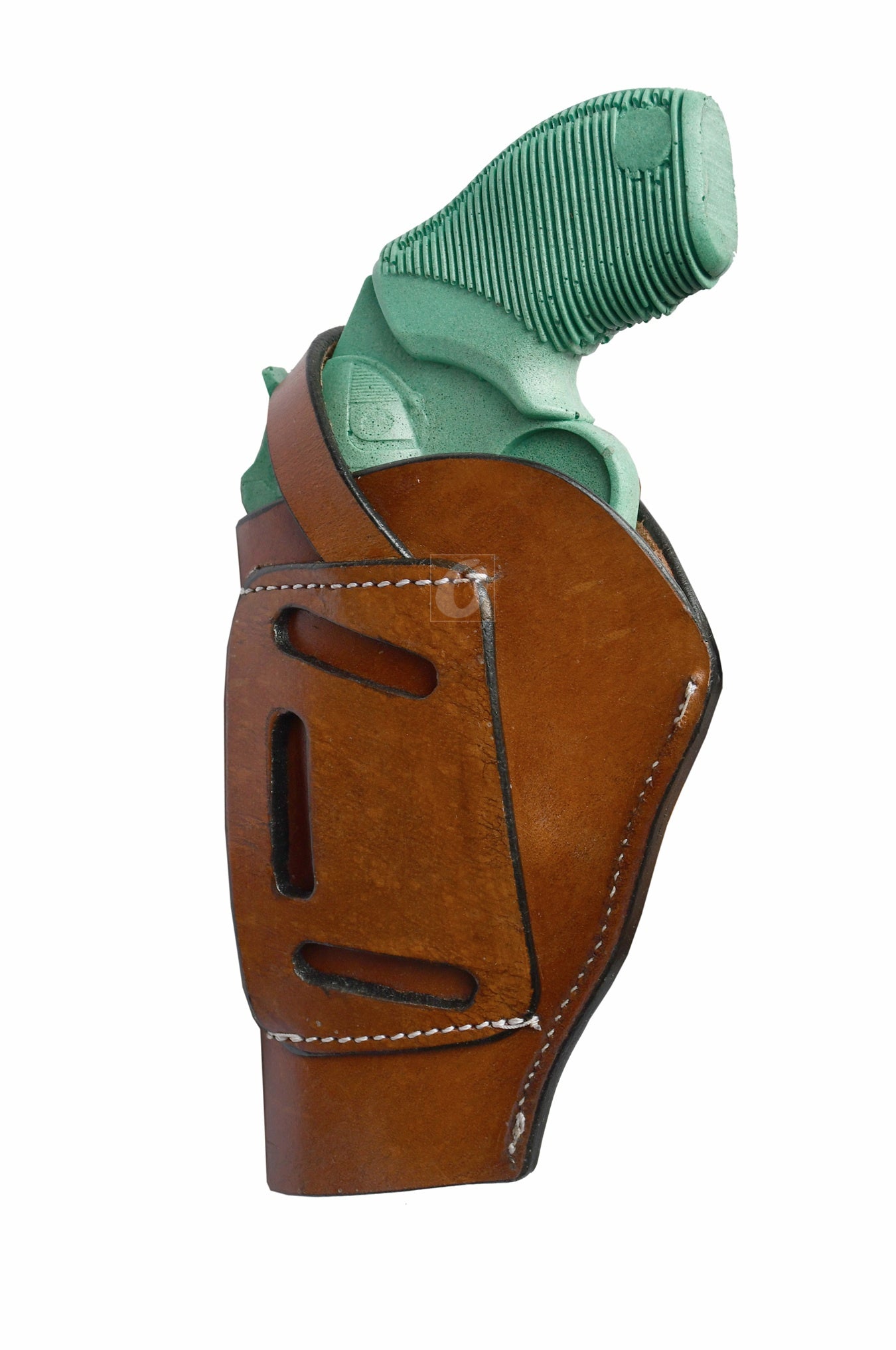 Right-handed tan floral tooled OWB leather holster for Taurus Judge 45/410 Public Defender Poly revolvers – handmade Western 3-way carry design, back angle.