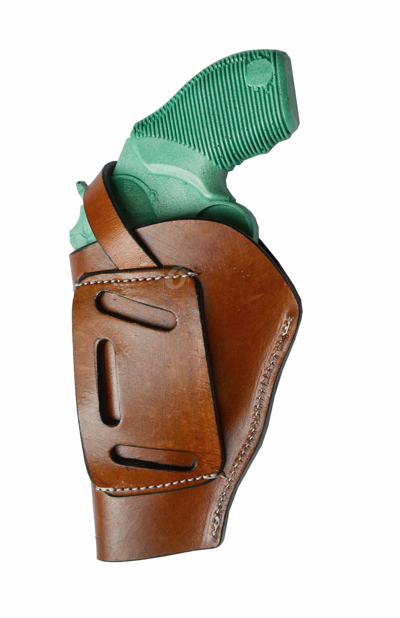 Right-handed tan floral tooled OWB leather holster for Taurus Judge 45/410 Public Defender Poly revolvers – handmade Western 3-way carry design, back view.