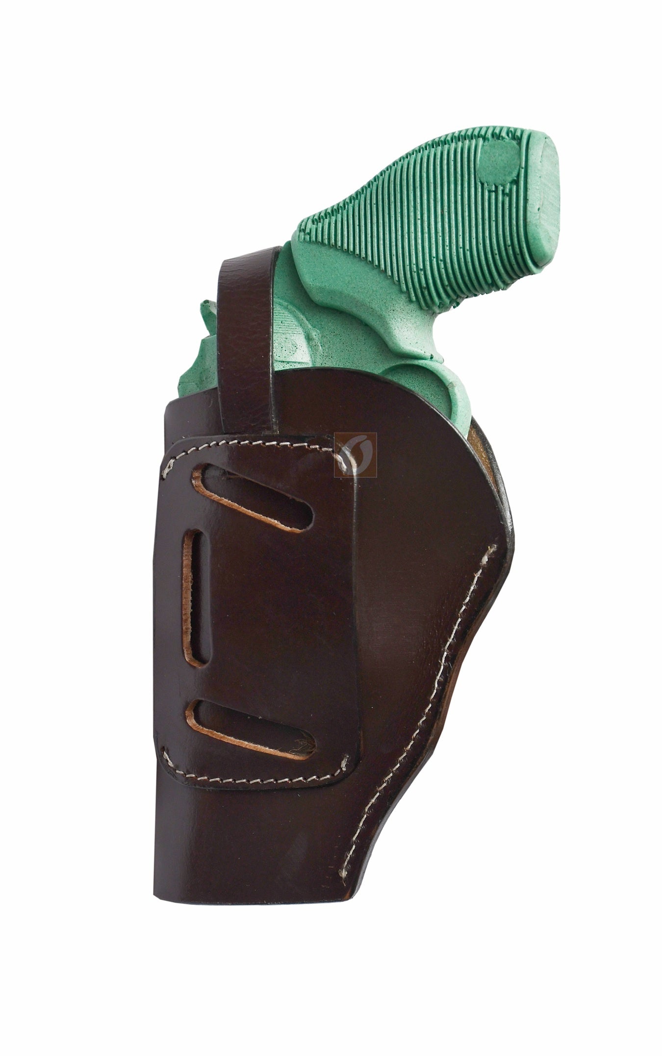 Right-handed black shell tooled OWB leather holster for Taurus Judge 45/410 Public Defender Poly revolvers – handmade Western 3-way carry design, back view.